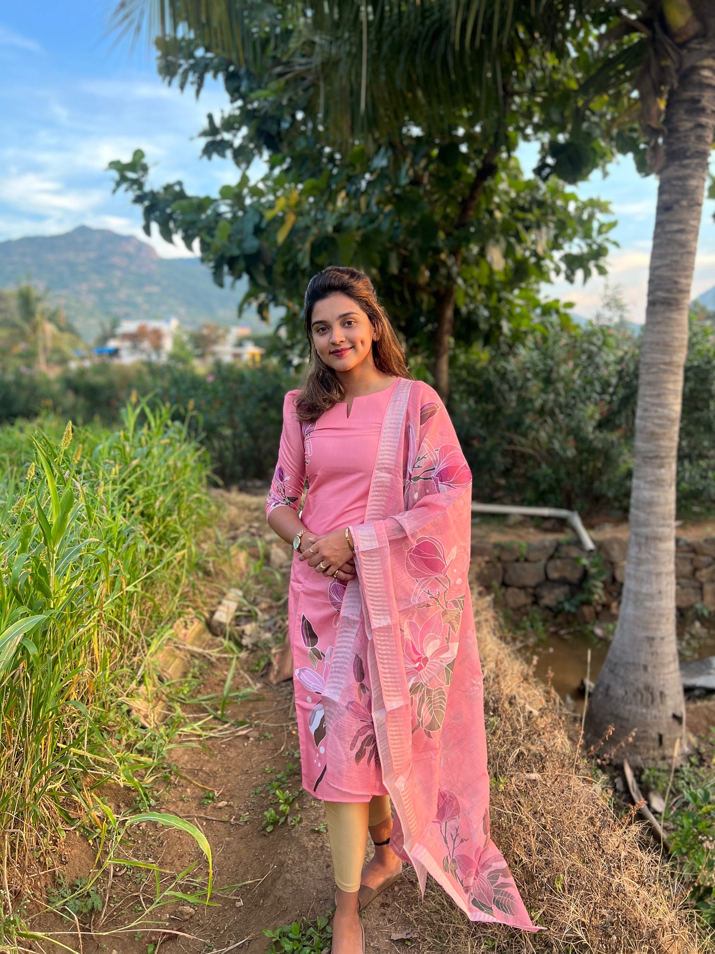 Pink Floral Shimmer Silk Kurti with Dupatta