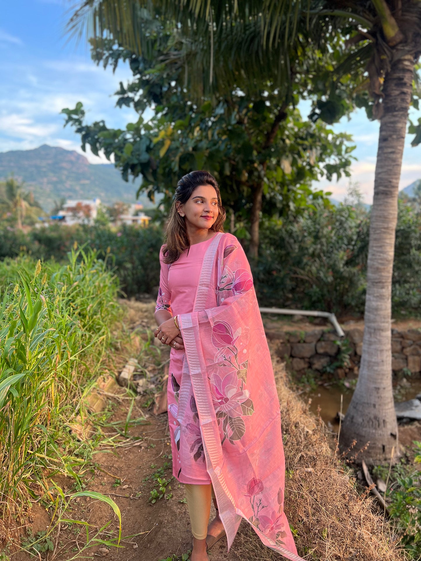 Pink Floral Shimmer Silk Kurti with Dupatta