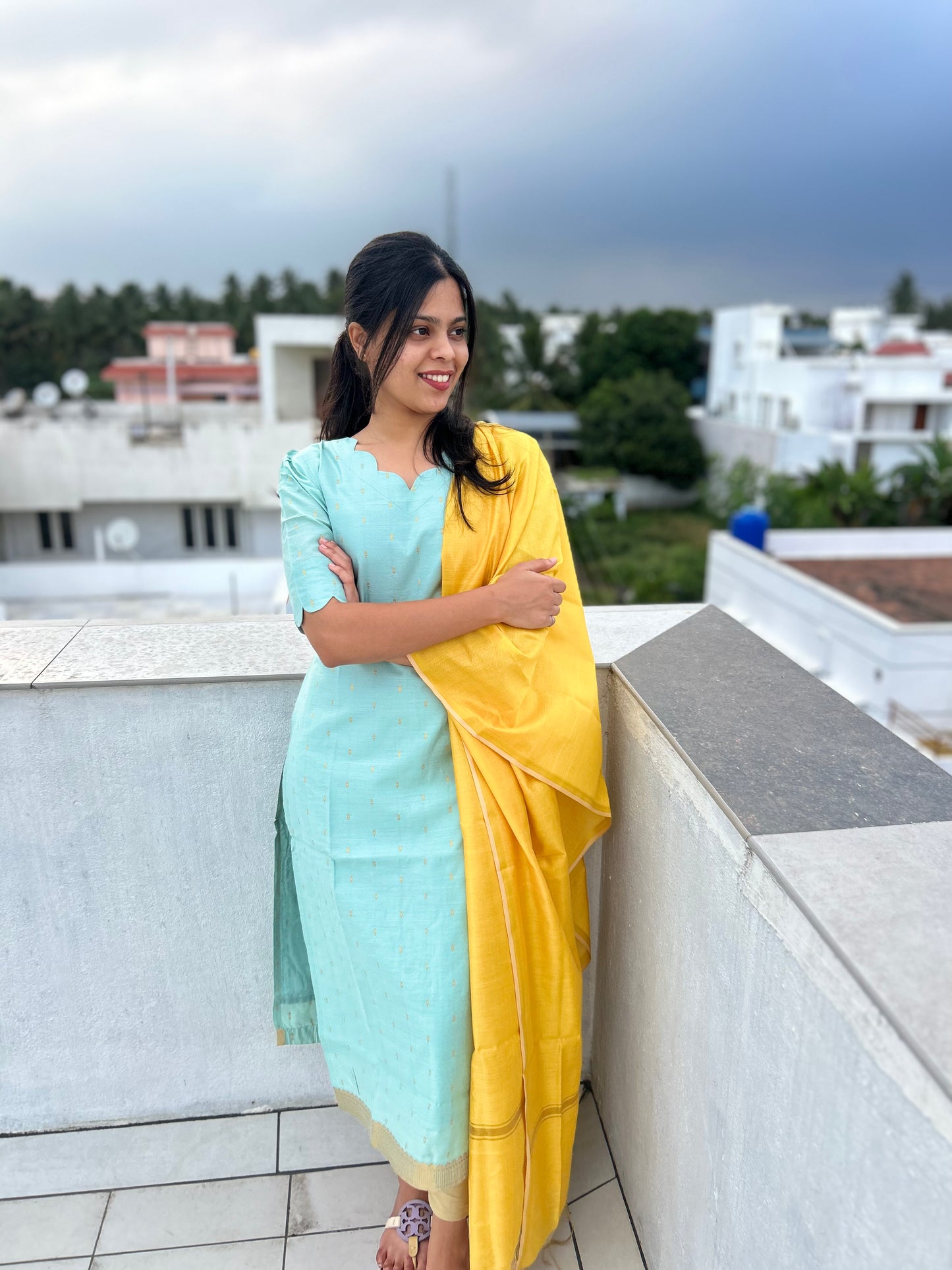 Sky Blue Silk Kurti with Yellow Chanderi Silk Dupatta