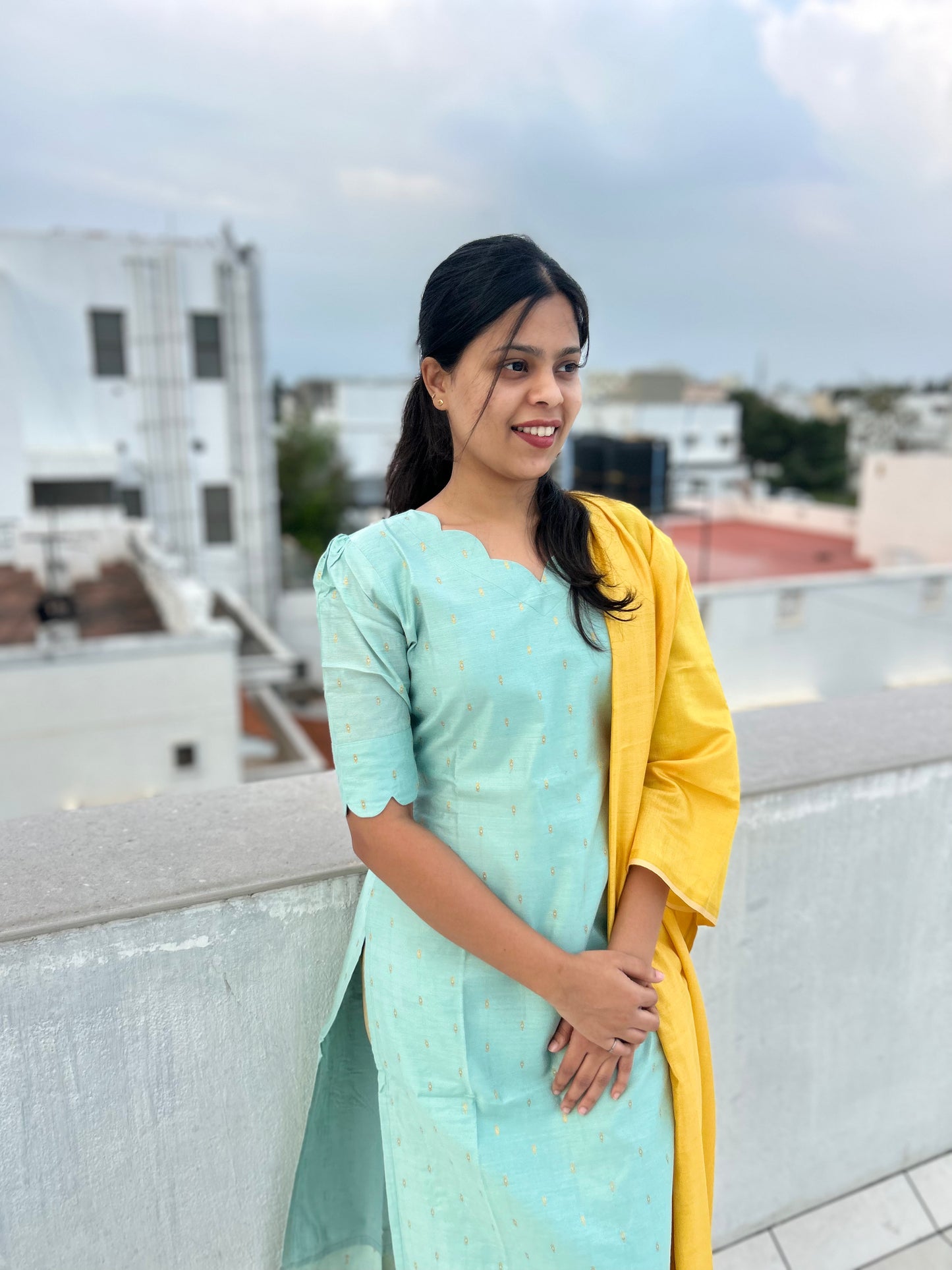 Sky Blue Silk Kurti with Yellow Chanderi Silk Dupatta