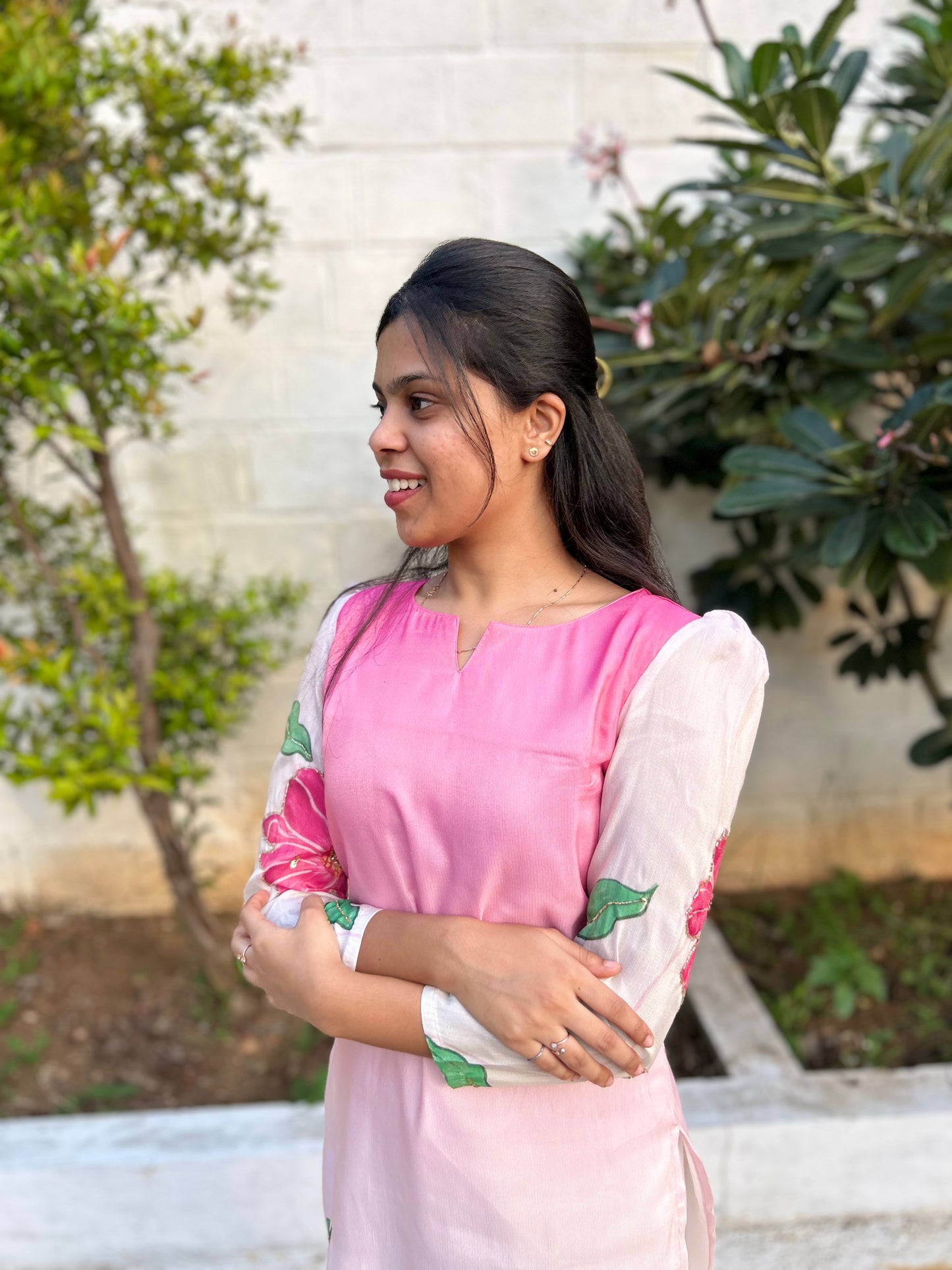 Double Colour Silk floral Kurti with Bead work