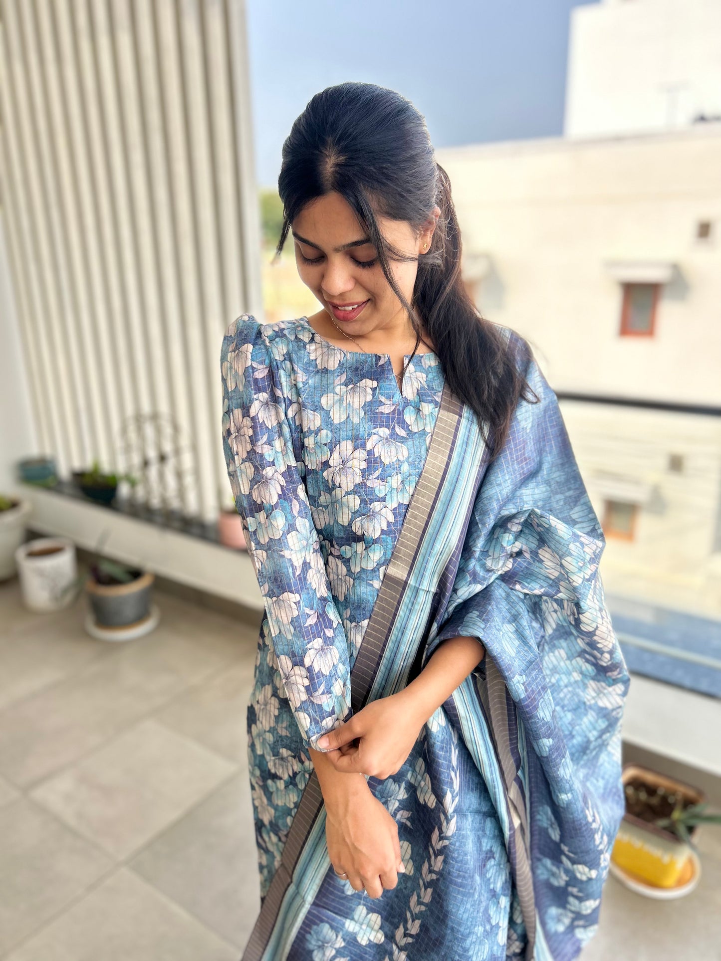 Blue Floral Manipuri Checks Kurti with Dupatta