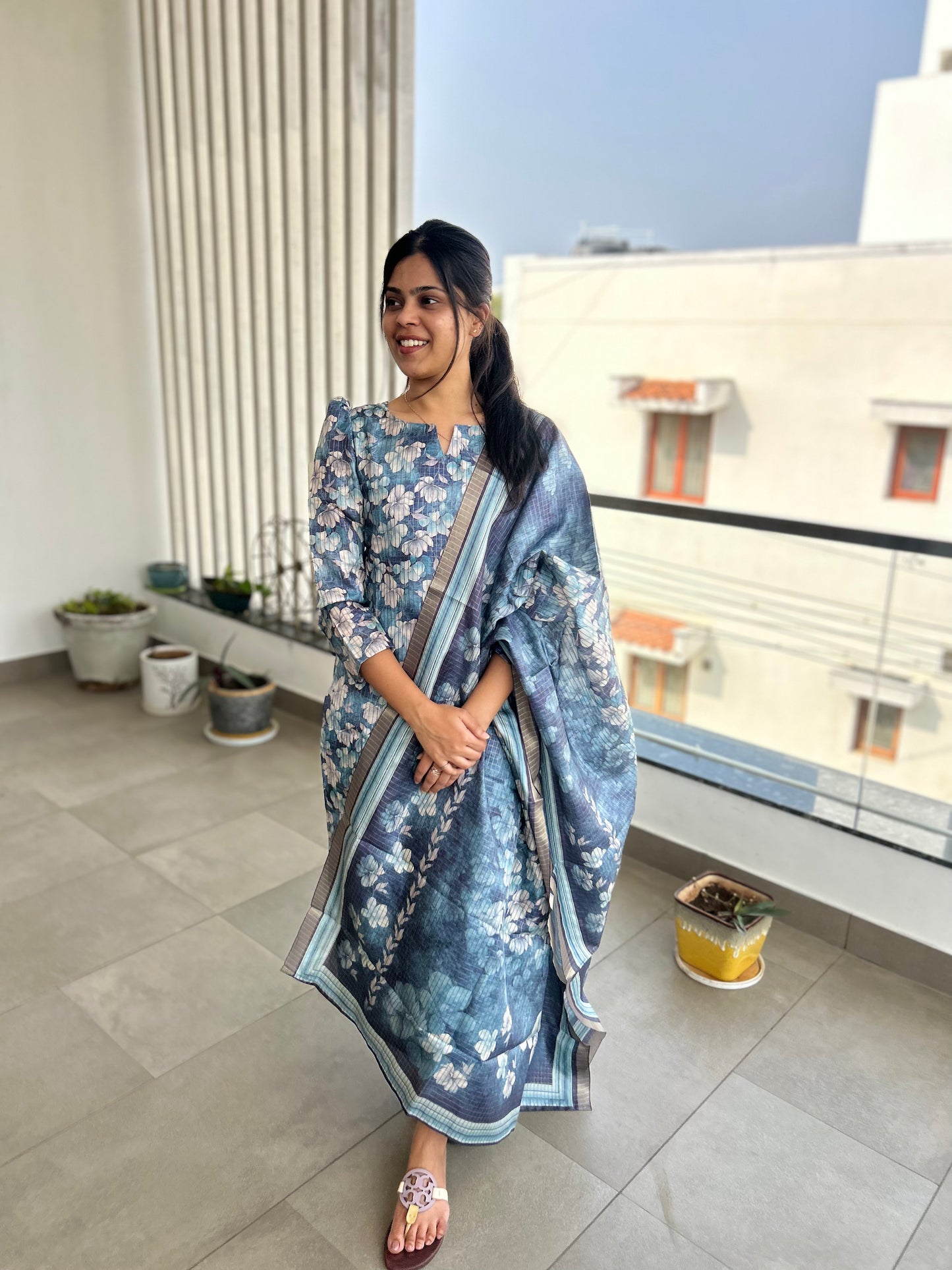 Blue Floral Manipuri Checks Kurti with Dupatta