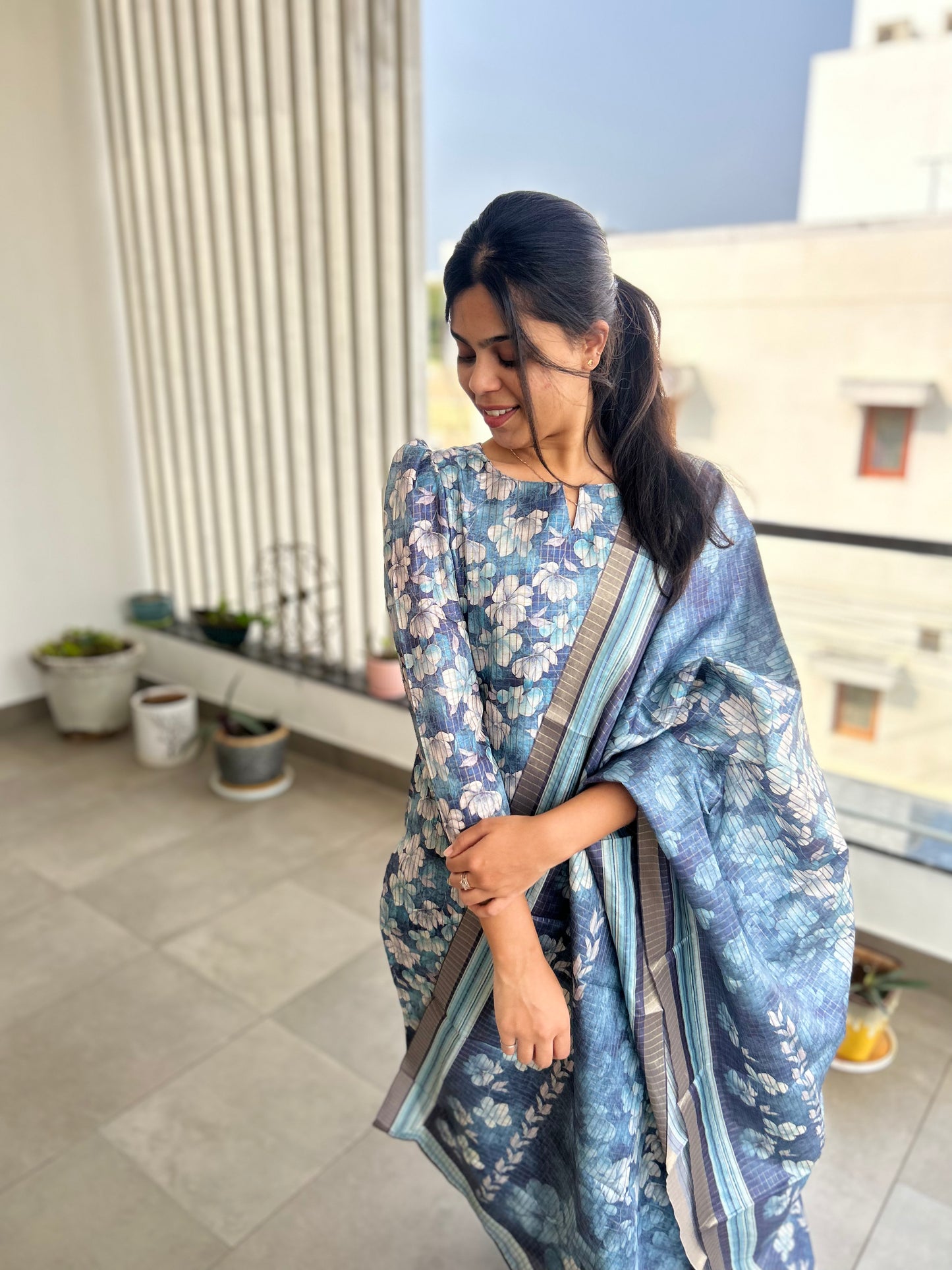 Blue Floral Manipuri Checks Kurti with Dupatta