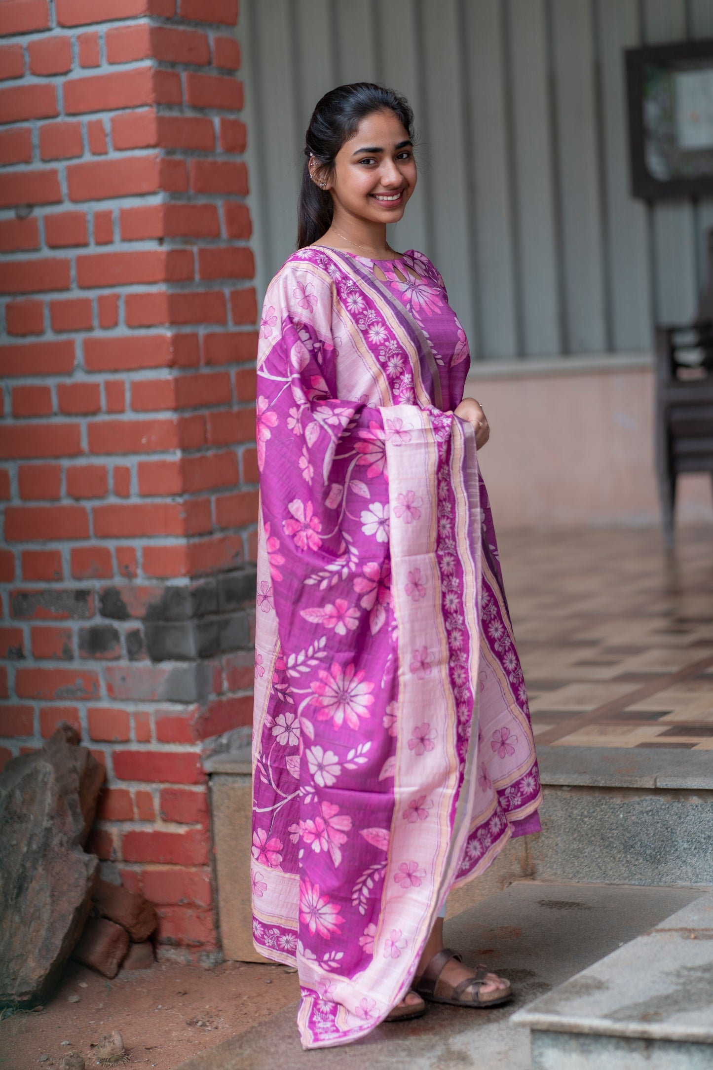 Vadamalli Tussar Silk Floral Kurti with Dupatta