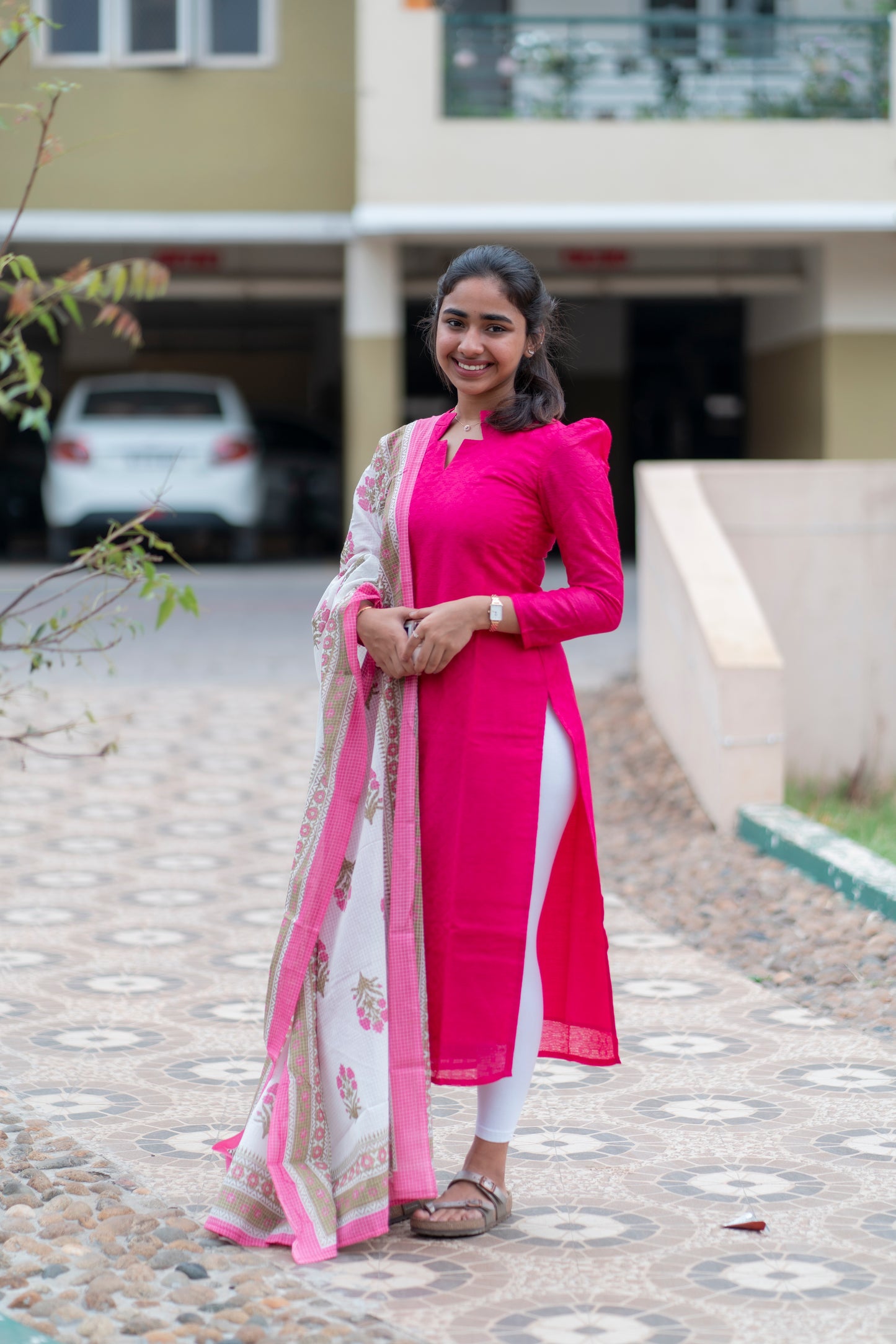 Candy pink Cotton Kurti with Dupatta