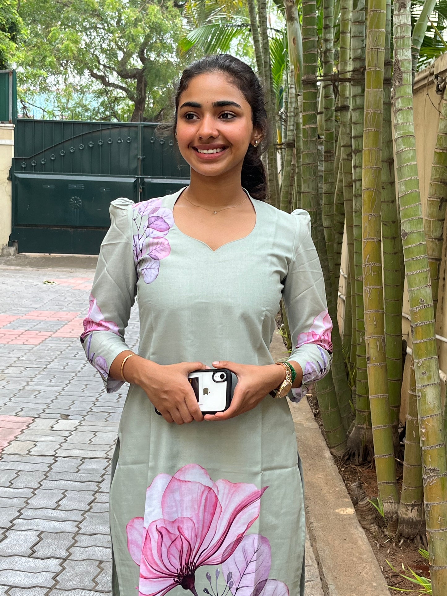 Green Floral Linen Kurti