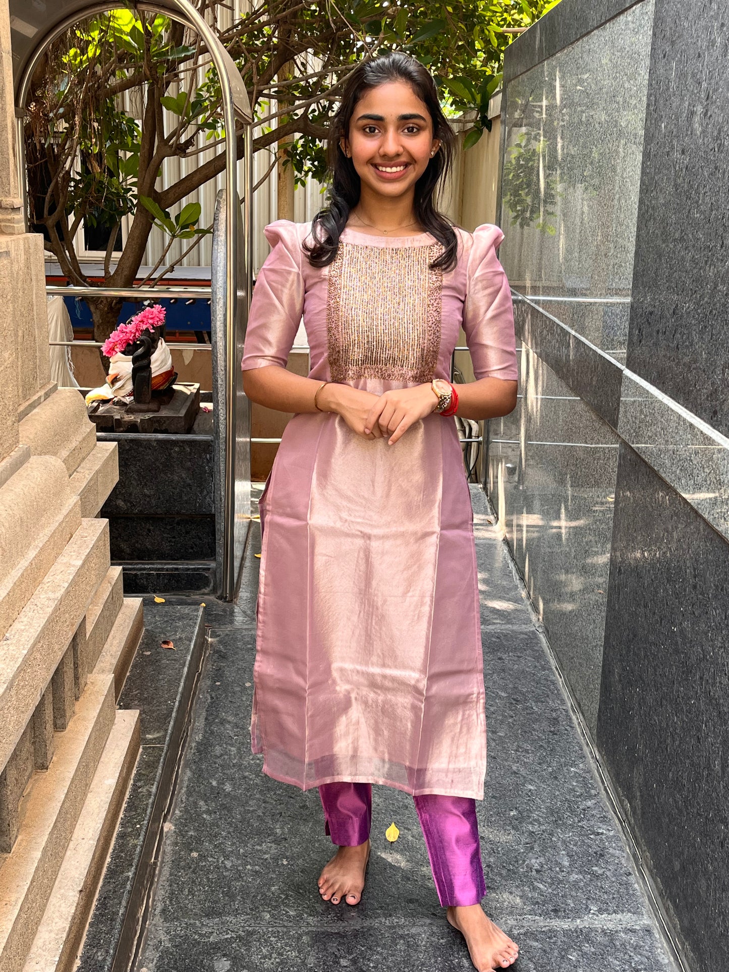 Party Wear Lilac 3 Piece Tissue Silk Set( Dupatta Design May Vary)