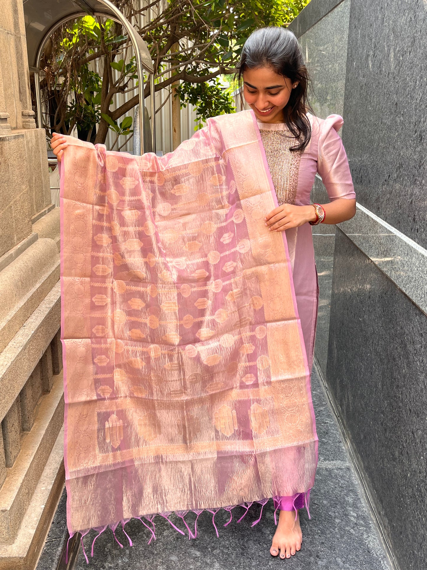 Party Wear Lilac 3 Piece Tissue Silk Set( Dupatta Design May Vary)