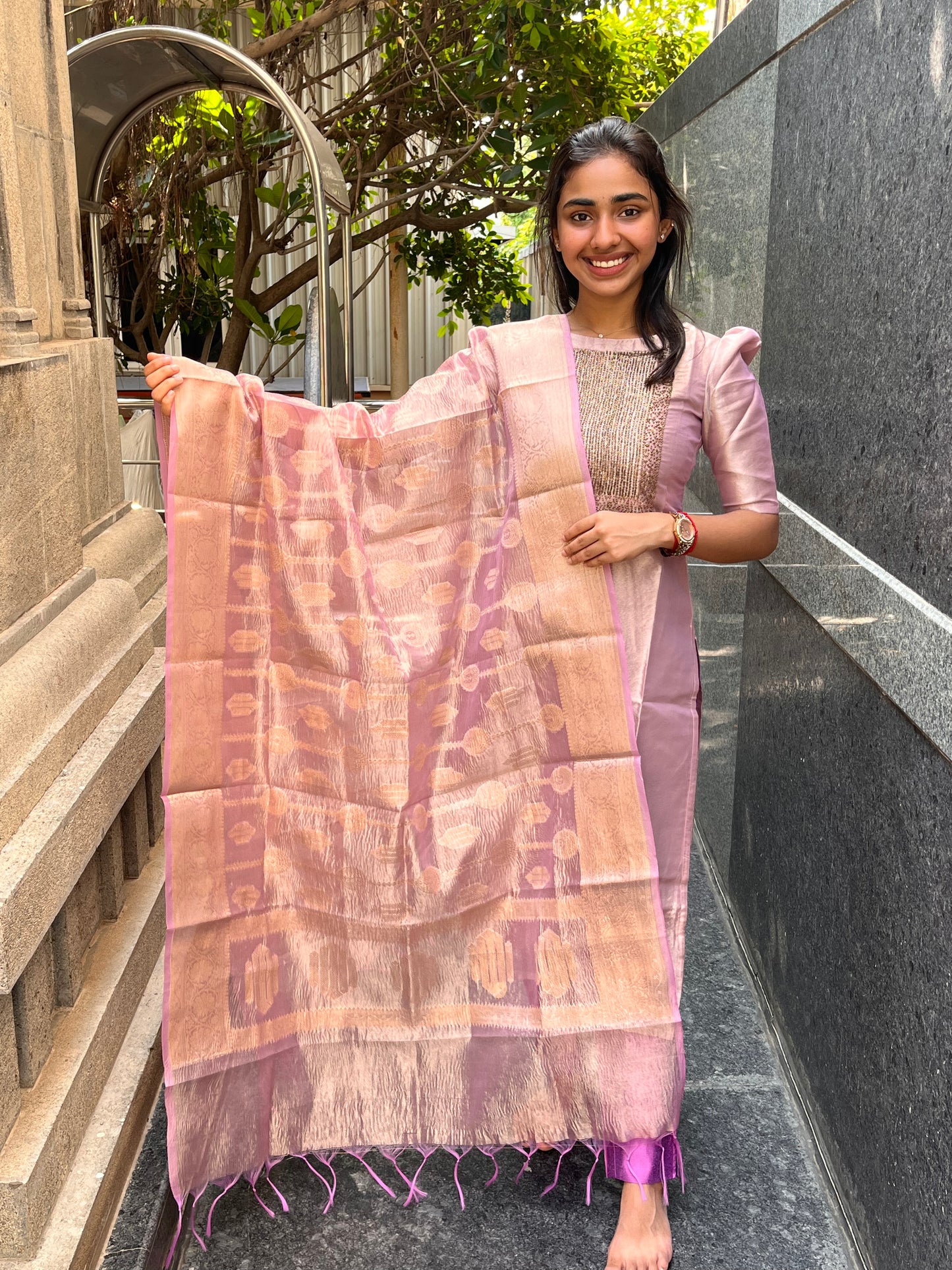 Party Wear Lilac 3 Piece Tissue Silk Set( Dupatta Design May Vary)