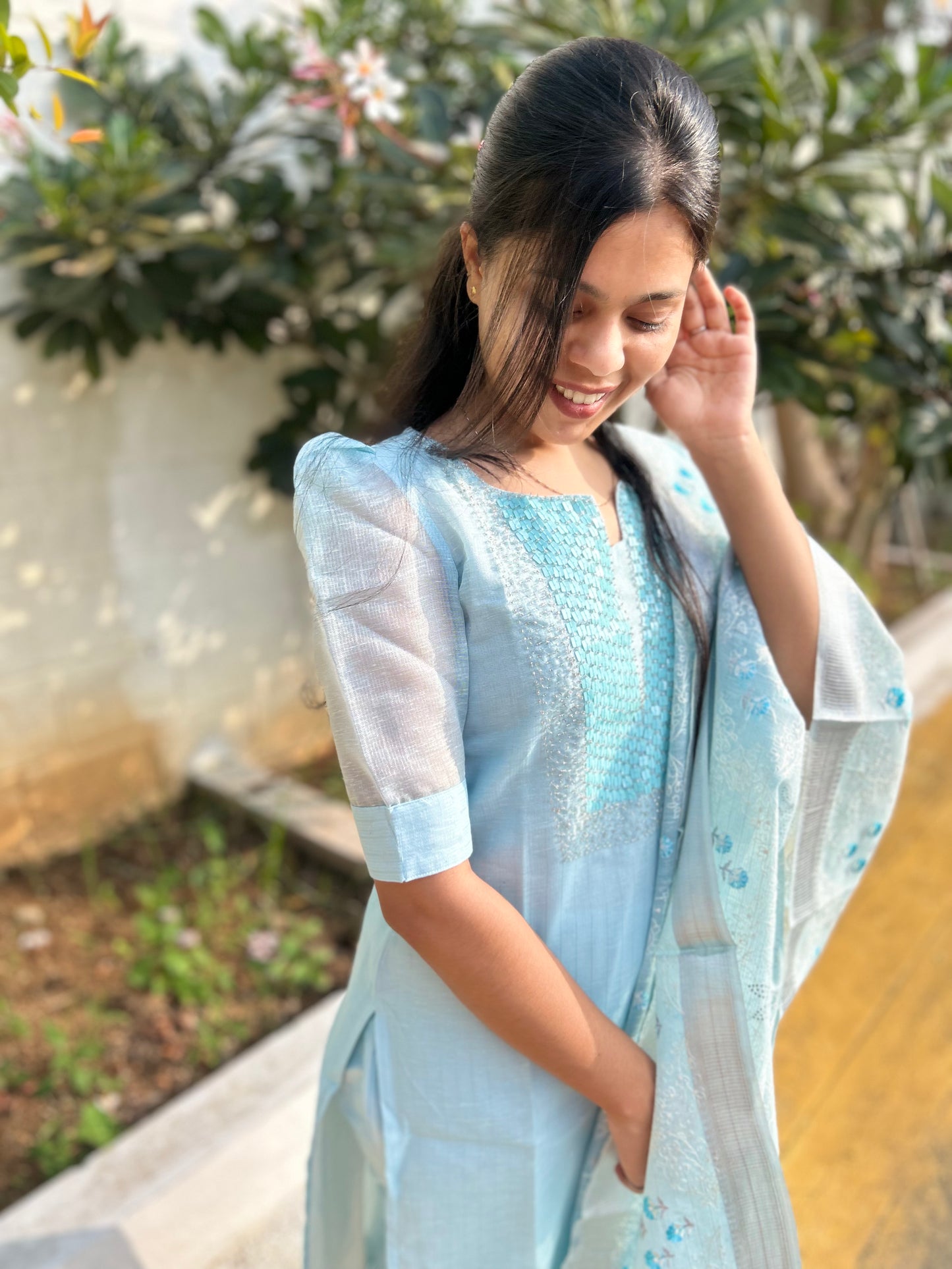 Sky Blue Silk Banaras 3 piece Salwar Set