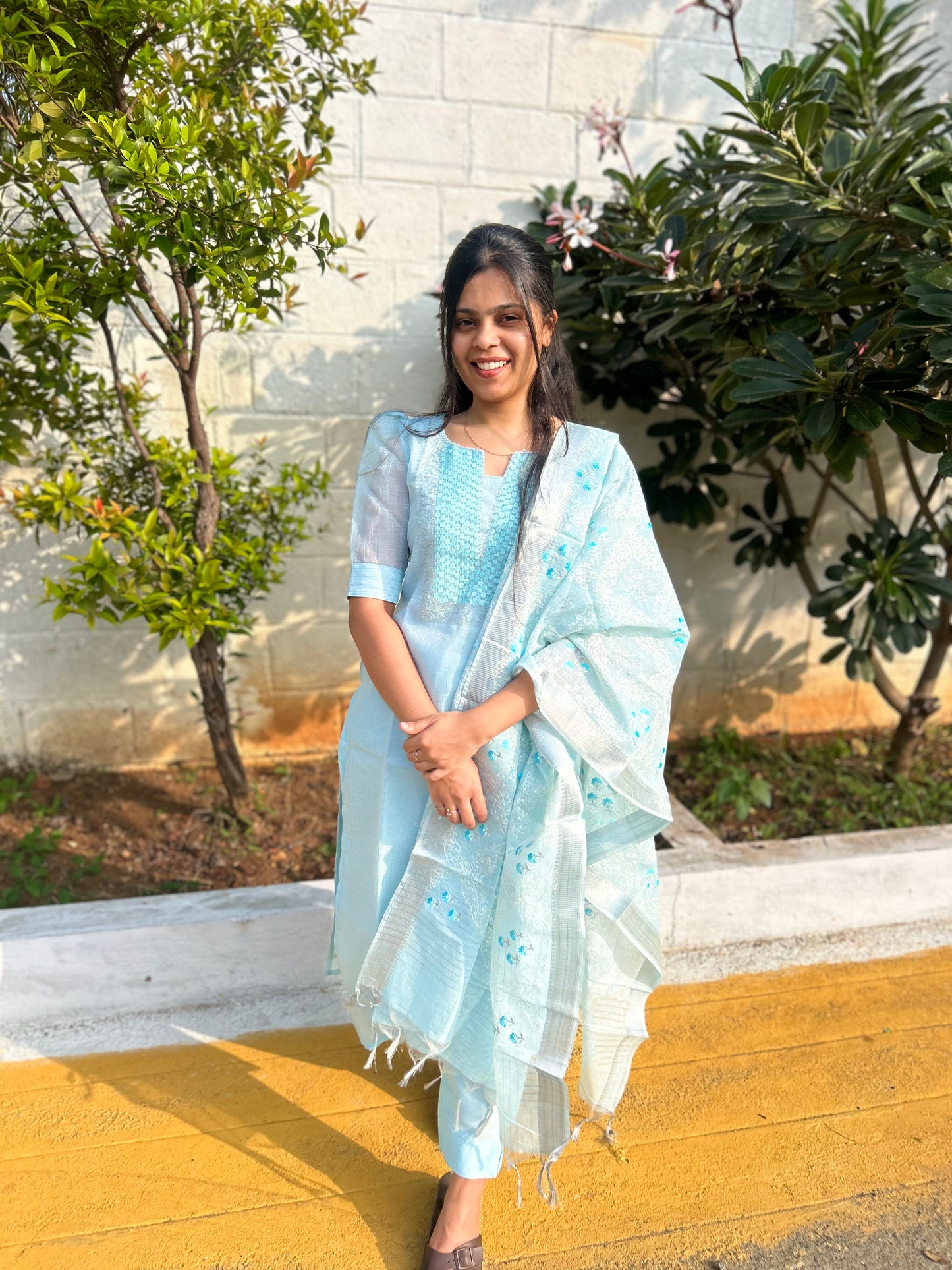 Sky Blue Silk Banaras 3 piece Salwar Set