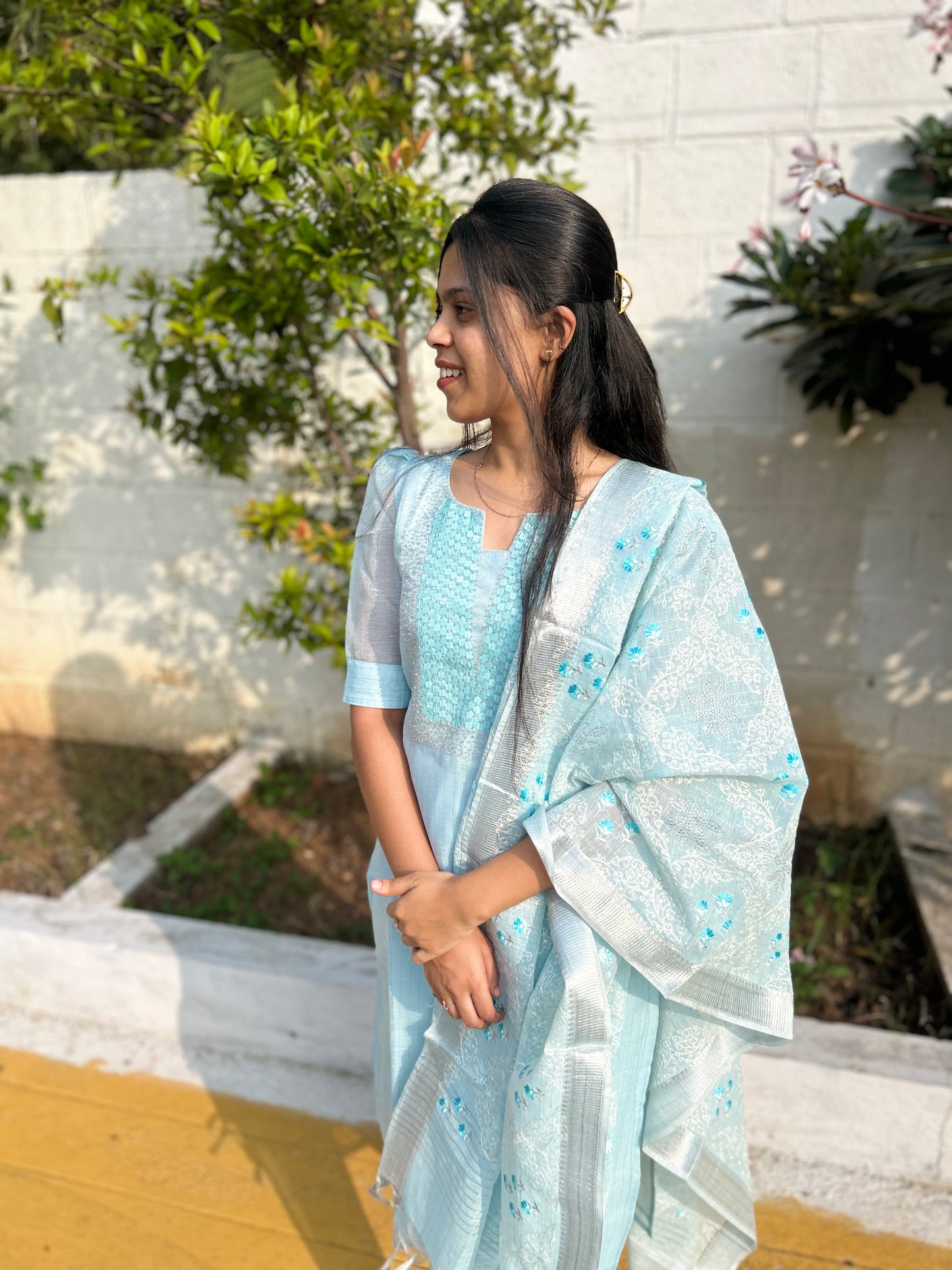 Sky Blue Silk Banaras 3 piece Salwar Set