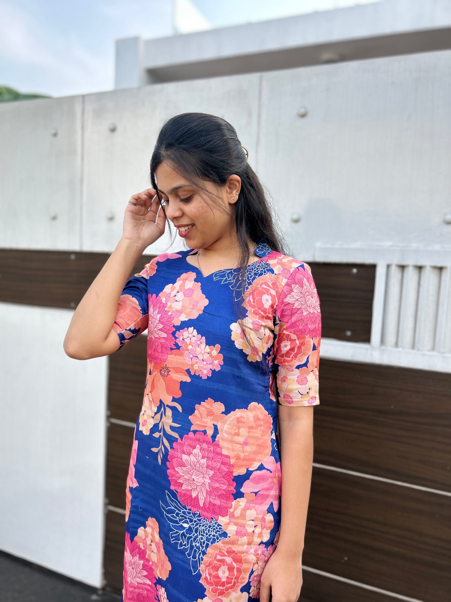 Dark Blue floral Tussar Silk Kurti