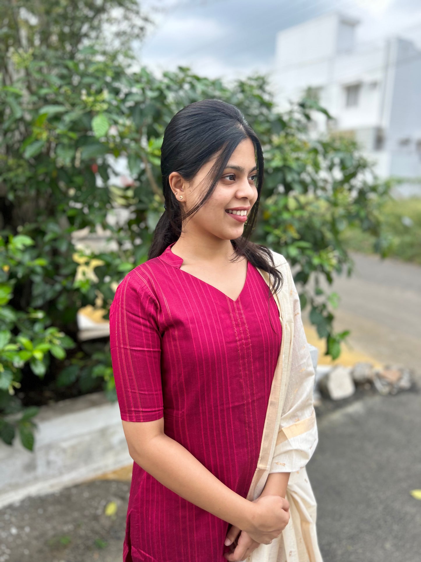 Rani Pink Silk Kurti with Chanderi Silk Dupatta