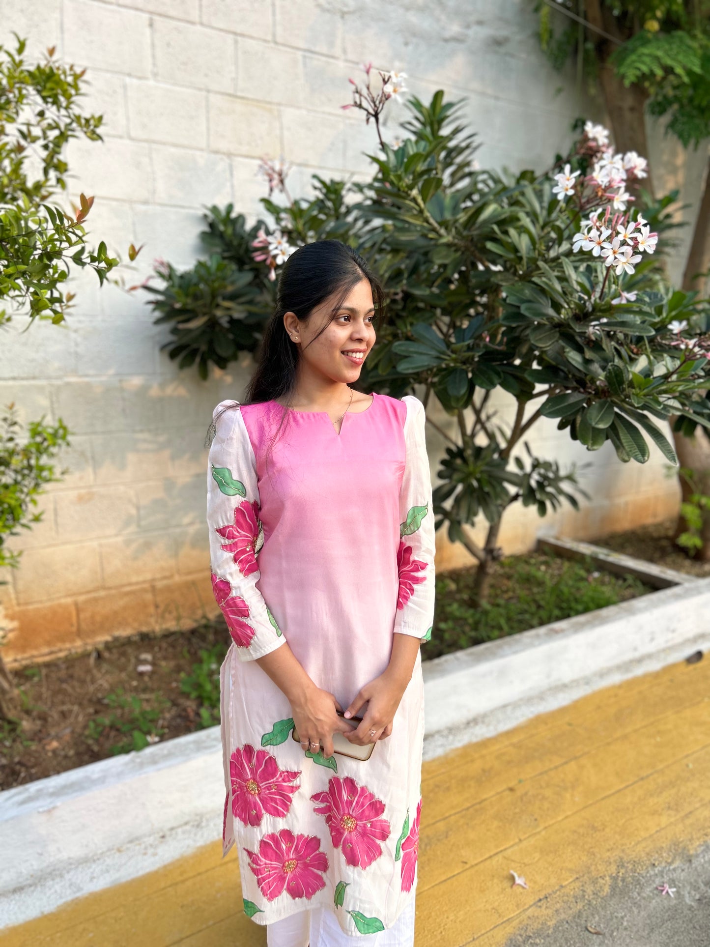 Double Colour Silk floral Kurti with Bead work