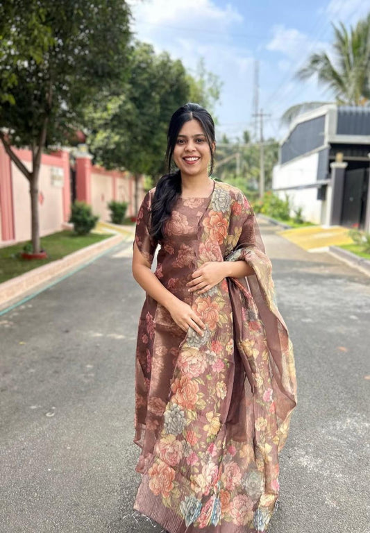 Brown Tissue Silk Salwar 3 pc Set