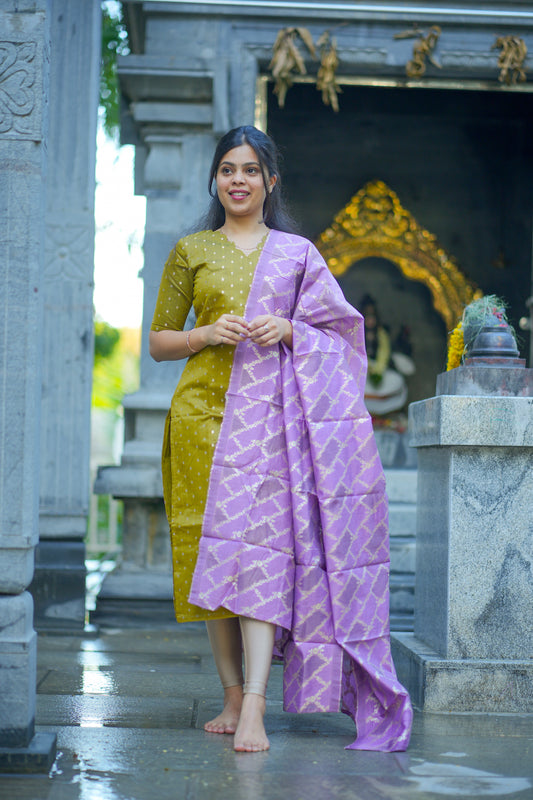 AA104 Mustard  Raw Silk Kurti with lavender Brocade Dupatta (Festive wear)