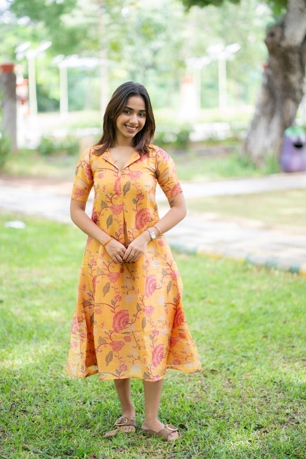 AA290 Marigold Floral Chiniya Silk Aline Dress