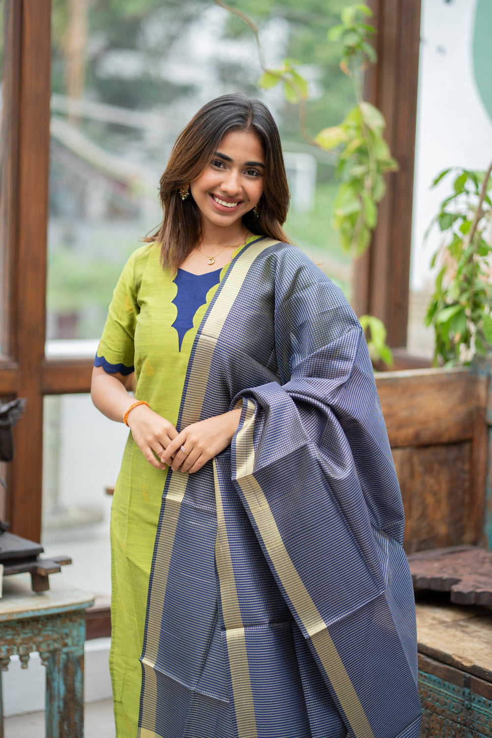 Parrot Green Raw Silk Kurti & Pant with Golden Floral Motifs Paired with Blue Zari Checks Dupatta(Neck & Sleeve patched with Blue semi raw Silk Fabric)