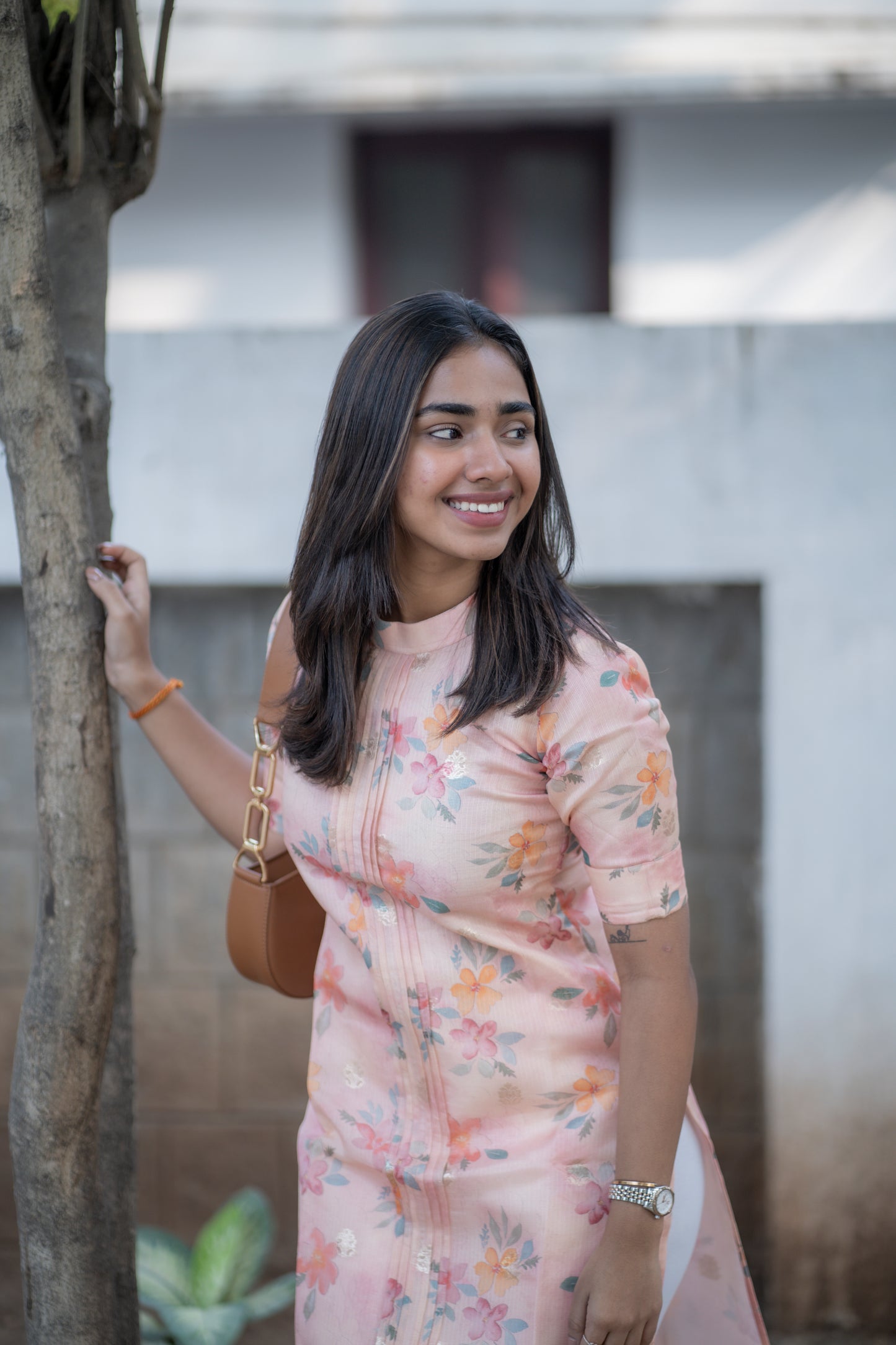 AA170 Peach Floral Kota Silk Kurti