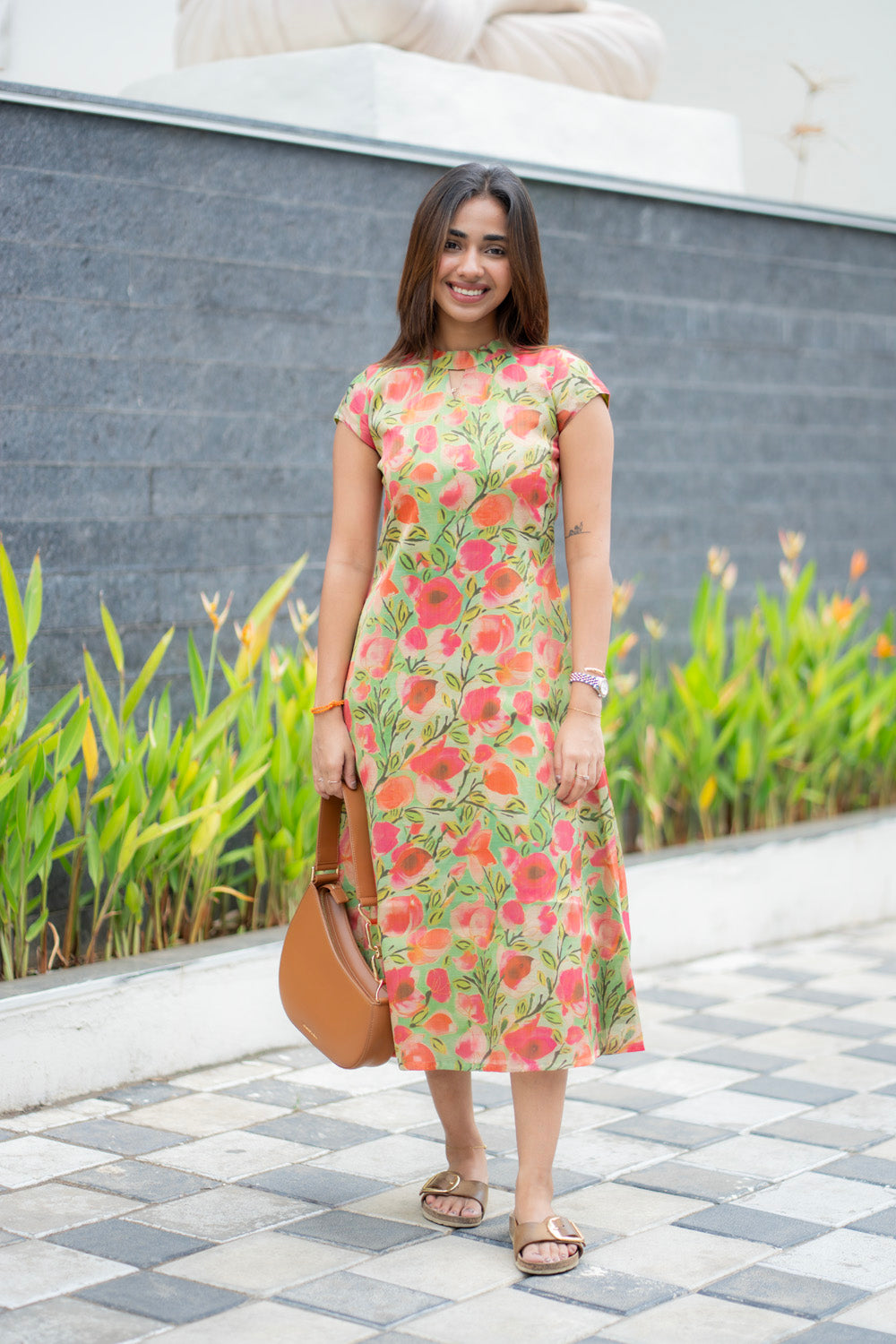 AA283  Green With Pink Floral Shimmer Silk Aline Kurti