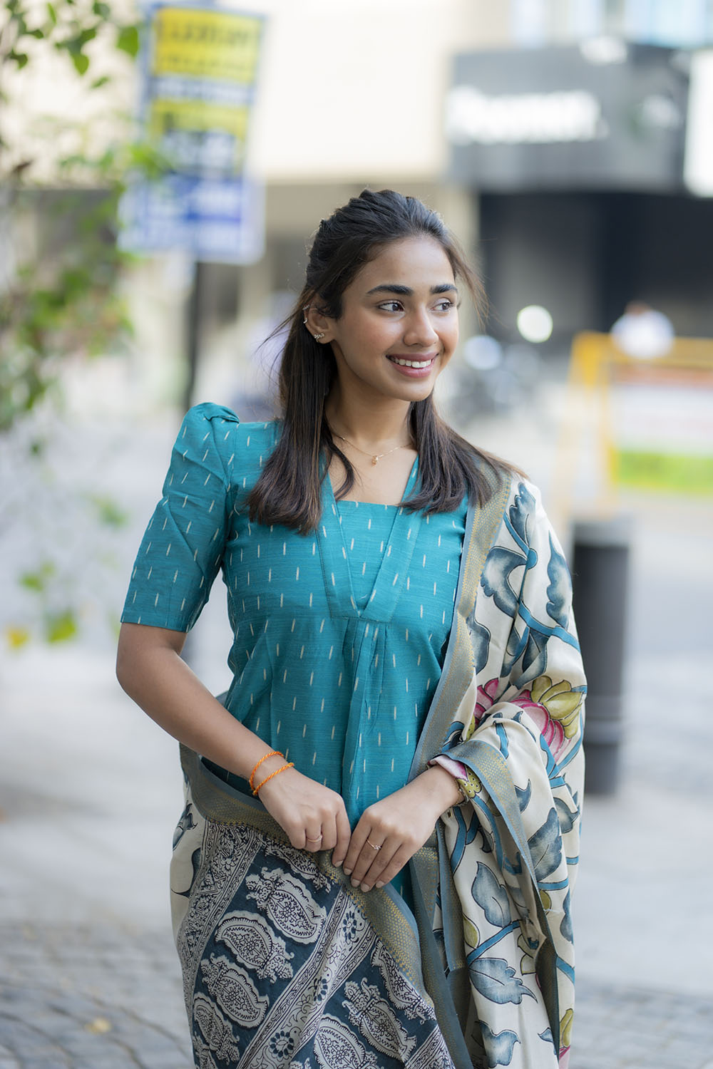 AA214 Blue Raw Silk Kurti With Kalamkari Dupatta