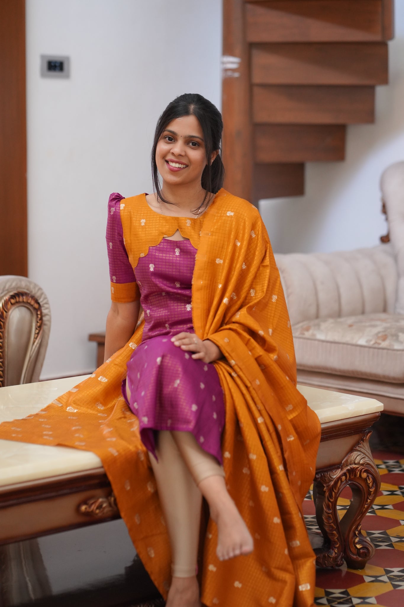 AA159 Violet with Mustard Yellow Combo Dude Silk Kurti with Dupatta