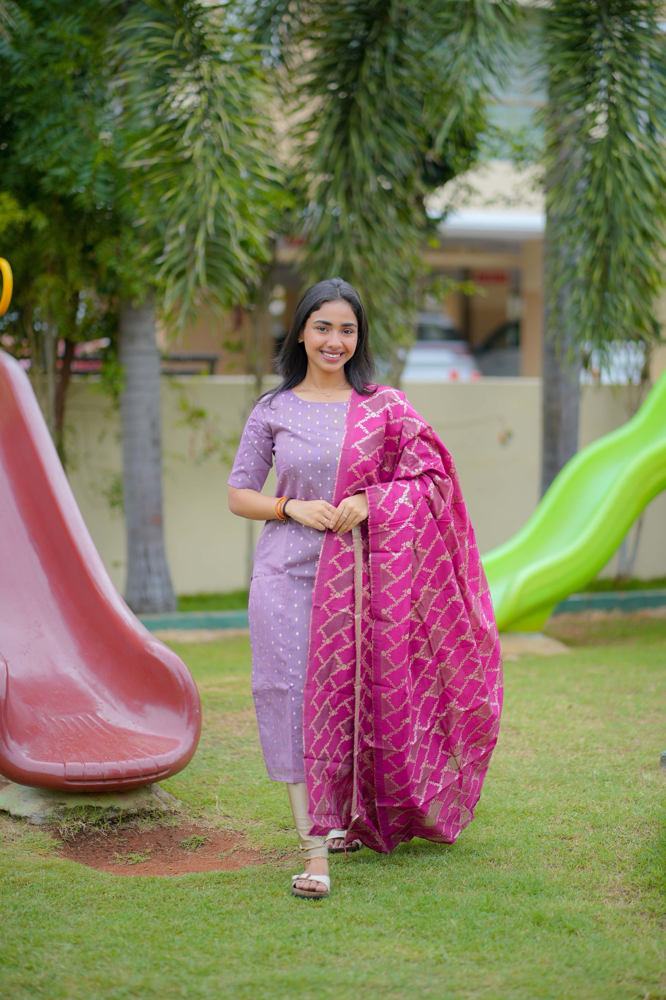 AA112 Lavender Raw Silk Kurti with Pink Brocade Dupatta