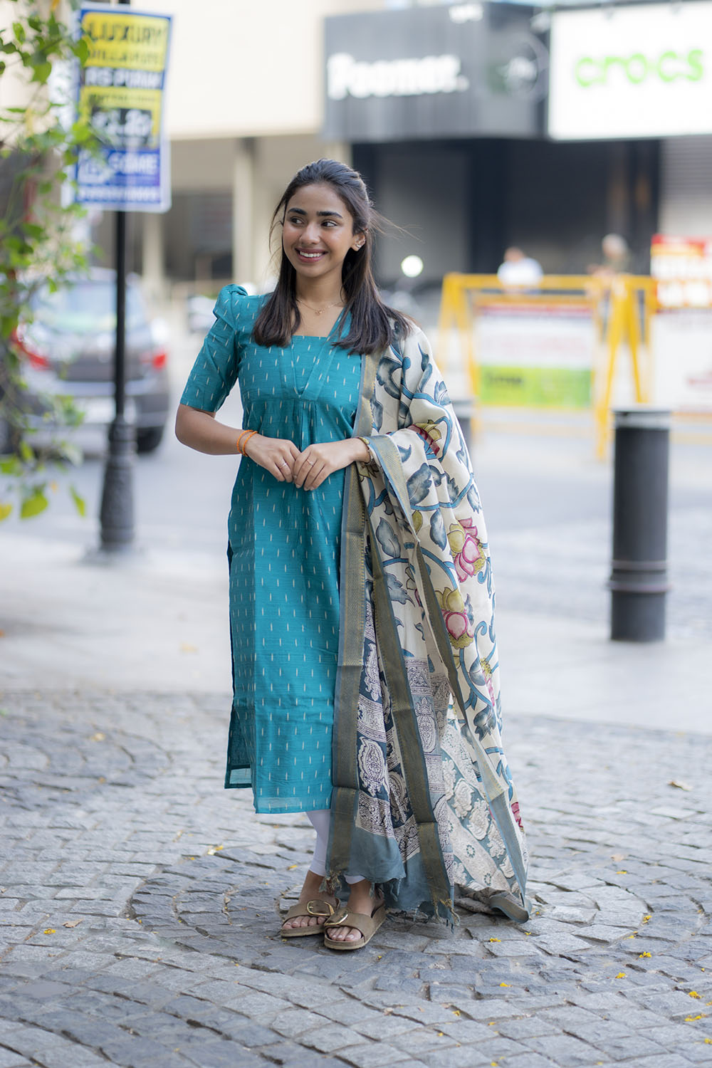 AA214 Blue Raw Silk Kurti With Kalamkari Dupatta