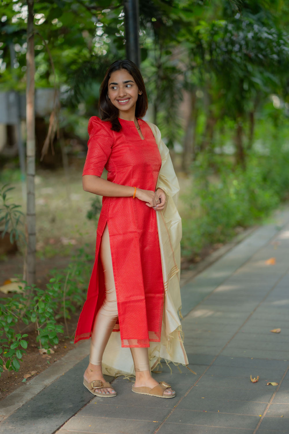 AA244 Red Checks Tissue Silk Kurti with Golden Dupatta