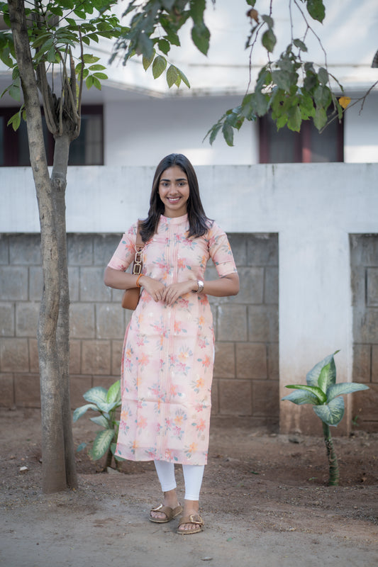 AA170 Peach Floral Kota Silk Kurti