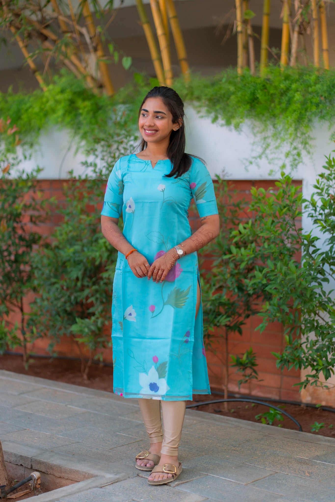 AA194 Blue Floral Organza Kurti