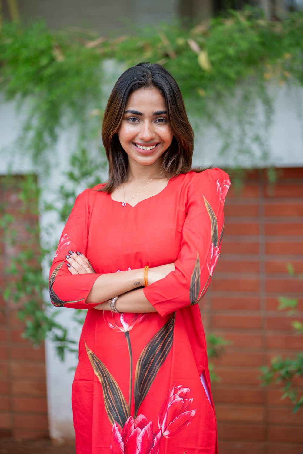 AA301 Corel Red Tulip Print Muslin Silk Kurti