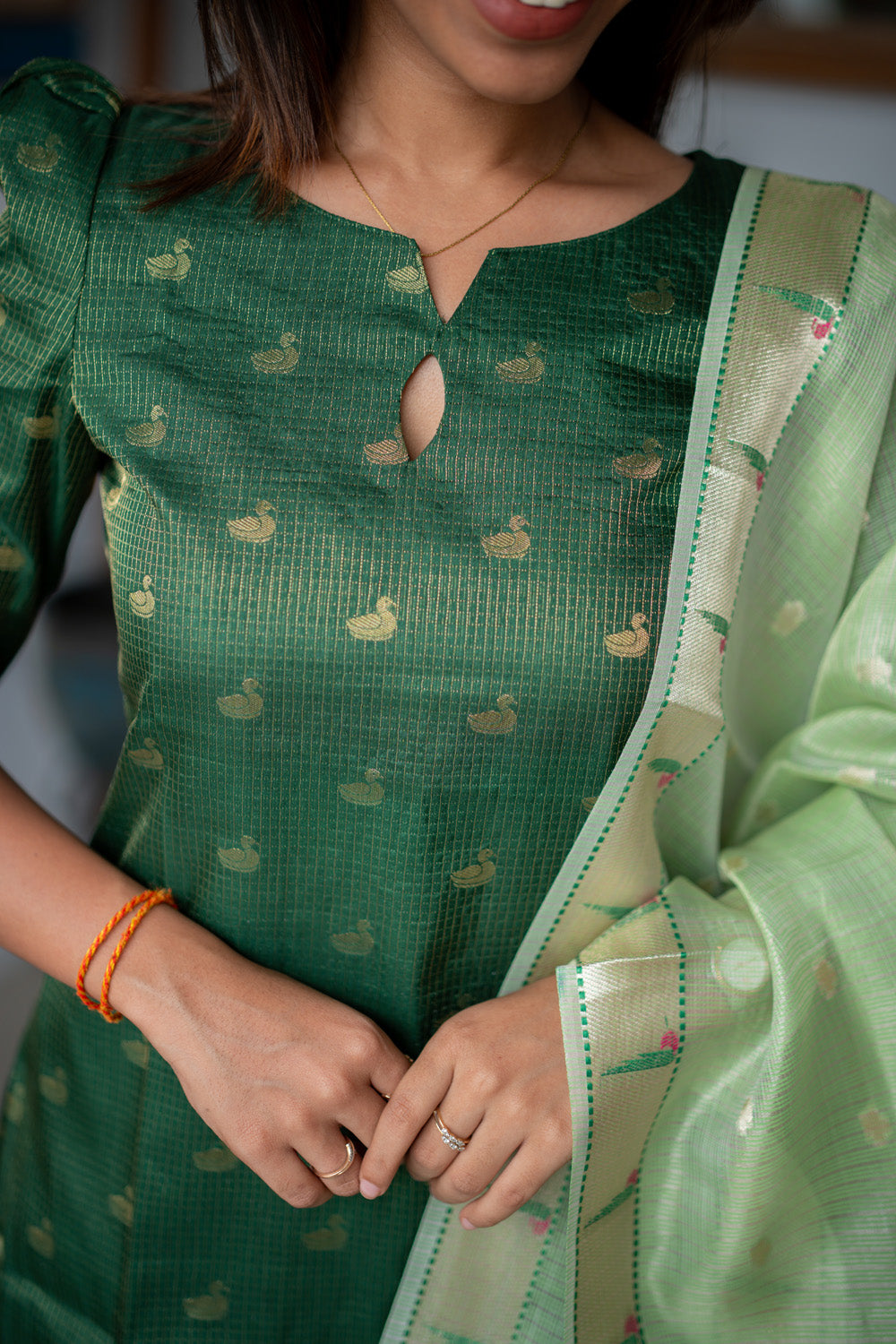AA311 Bottle Green Checks Swan Print Tissue Silk Kurti with Light green Checks Paithani Border Tissue Silk Dupatta