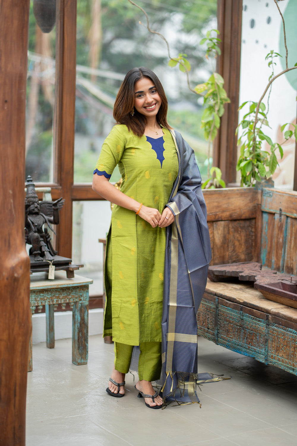 Parrot Green Raw Silk Kurti & Pant with Golden Floral Motifs Paired with Blue Zari Checks Dupatta(Neck & Sleeve patched with Blue semi raw Silk Fabric)