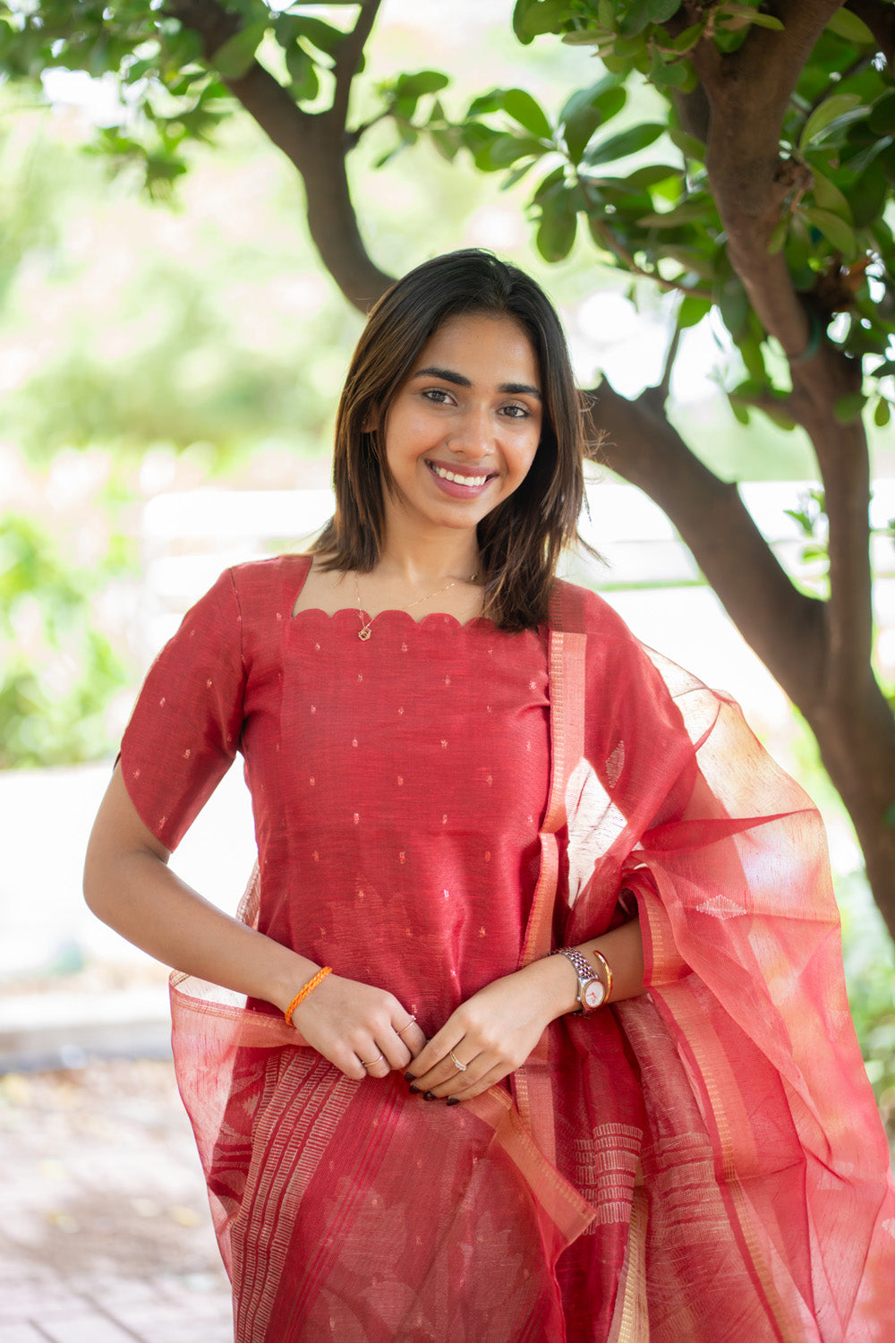 AA296 Red Chanderi Tissue Silk With Golden Motifs Kurti with Dupatta