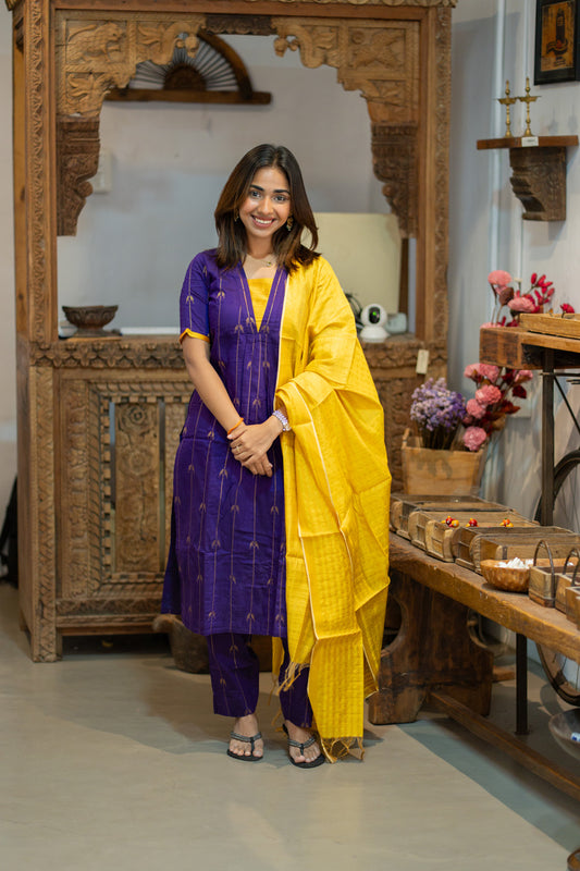 AA309 Purple Parrot Print Raw Silk Kurti & Pant  with Yellow Silk Dupatta (Neck & Sleeve Patched with Yellow Silk Fabric)