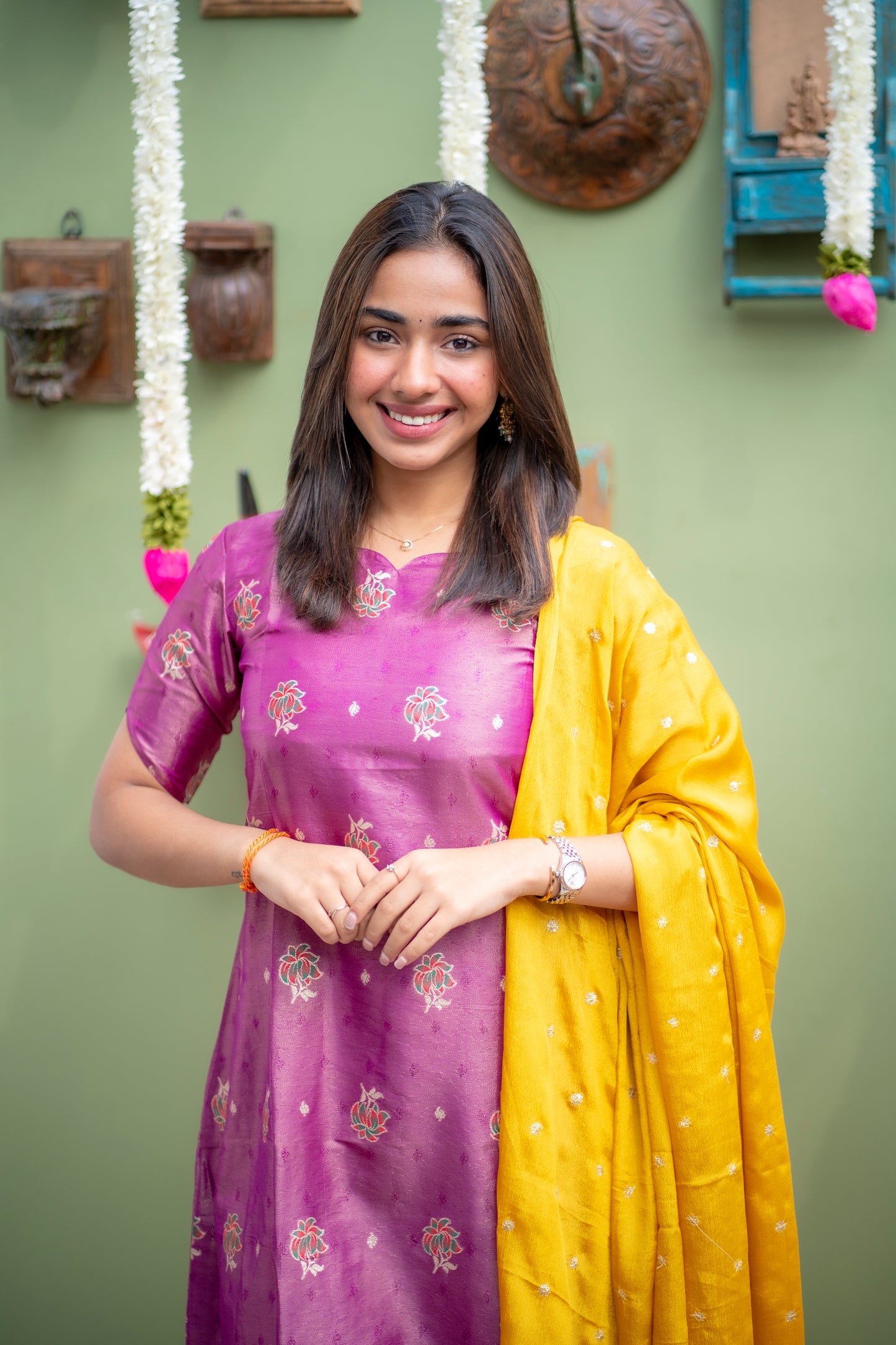 AA153 Lavender Shimmer Silk A line Kurti with Yellow Golden Motifs Dupatta