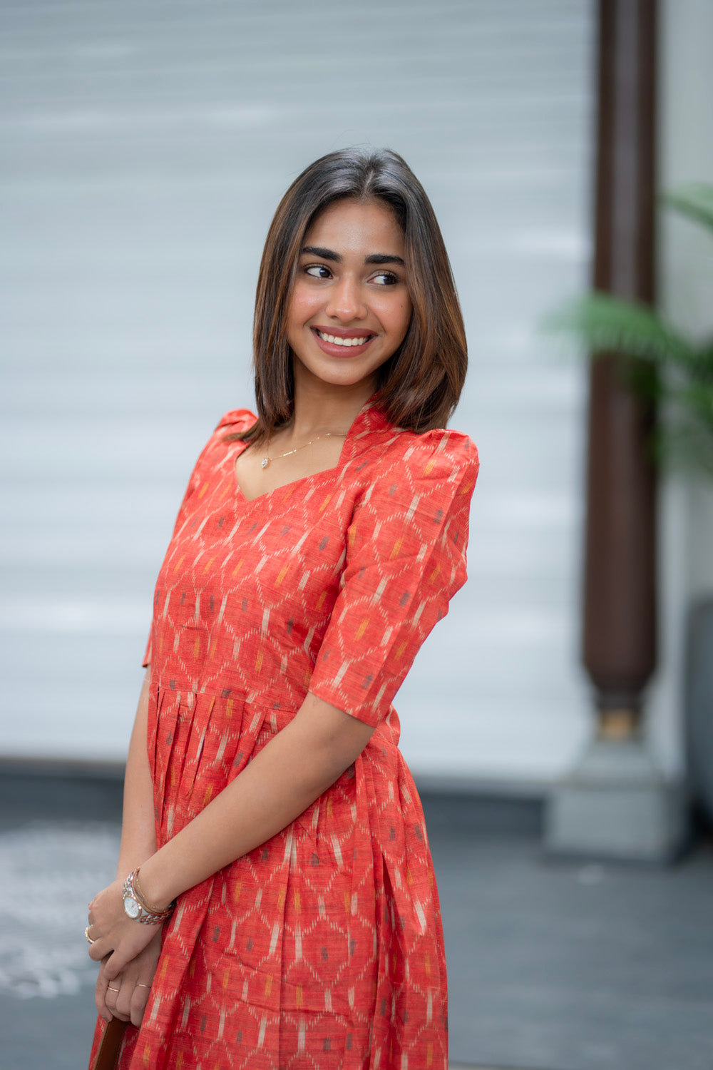 AA286 Rust Orange Ikkat Print Maxi