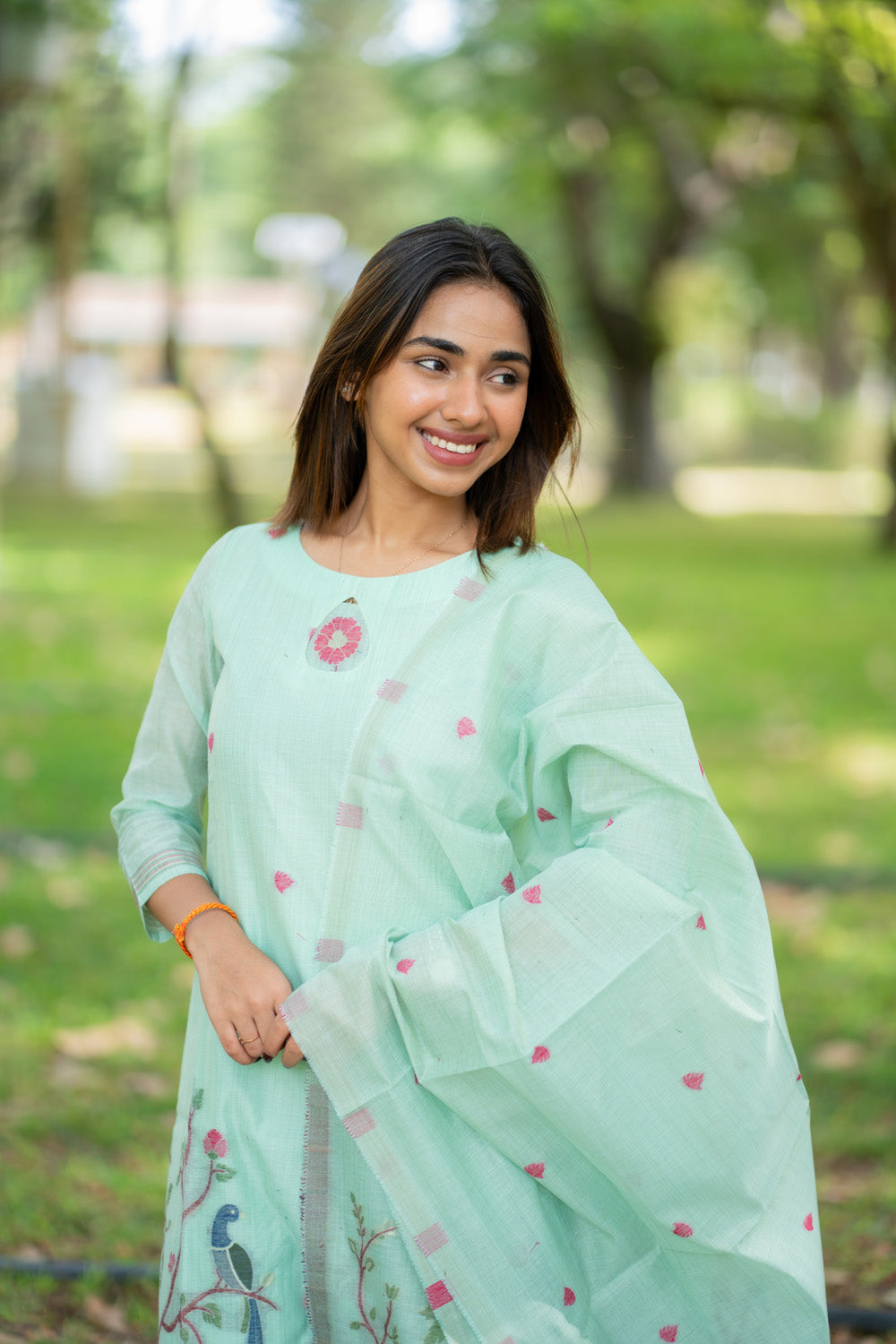 AA293 Blue Linen Jamdhani Salwar Set with beautiful Floral,Elephant,Peacock Prints
