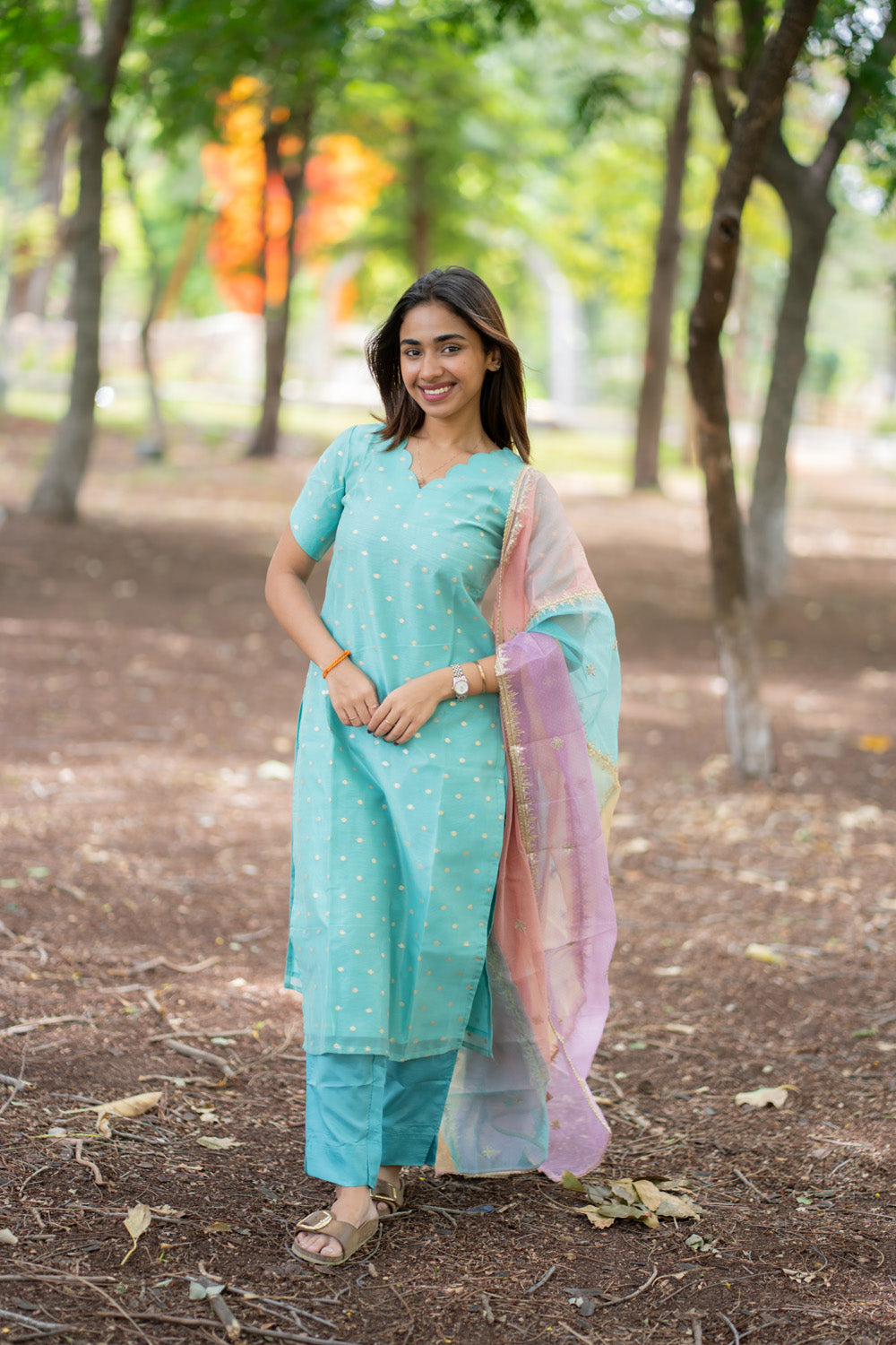 Blue Designer Silk Top & Pant with Multicolour Dupatta