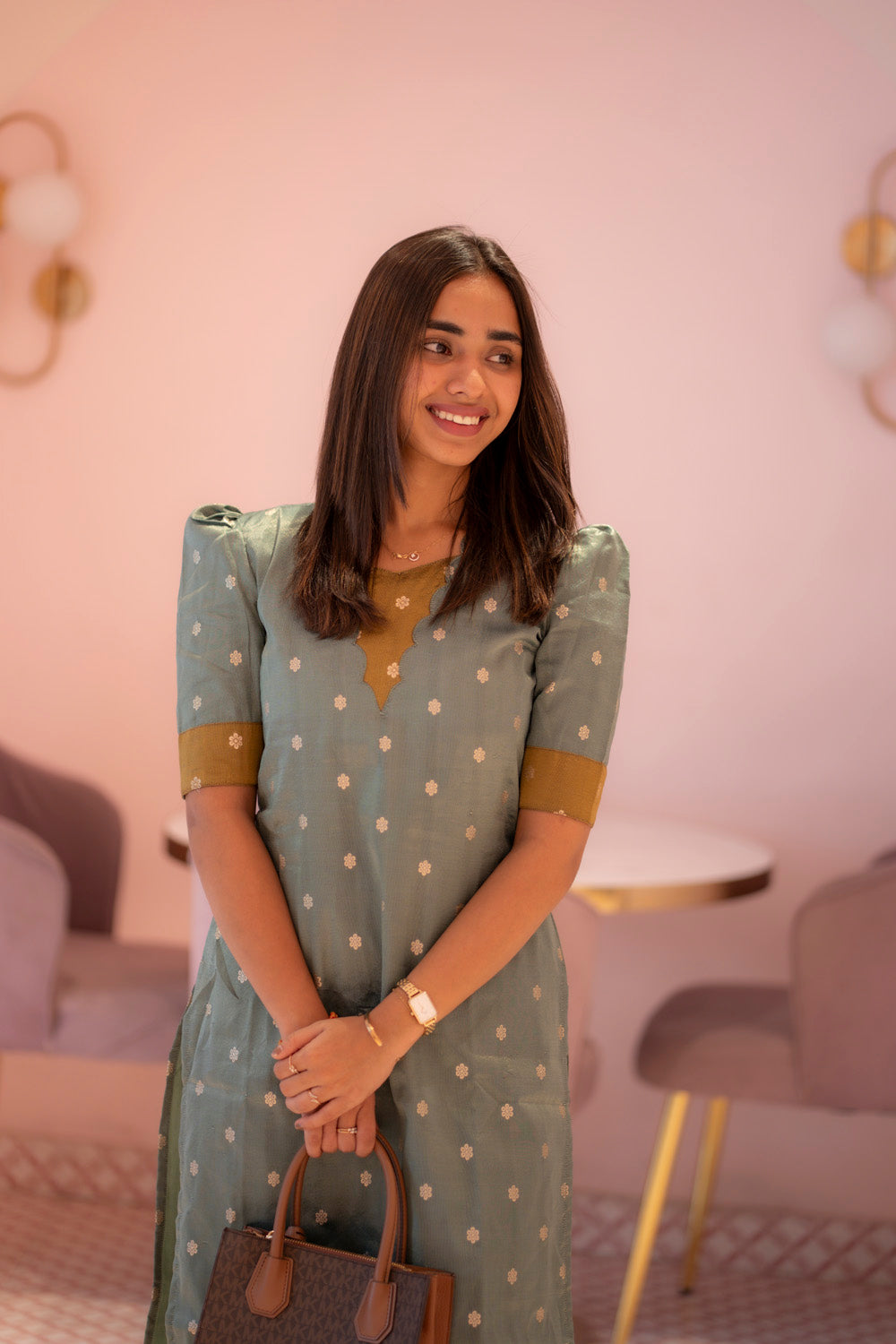 AA180A Teal Blue With Mustard Combo Shimmer Silk Kurti (warning :Don’t Iron Directly)