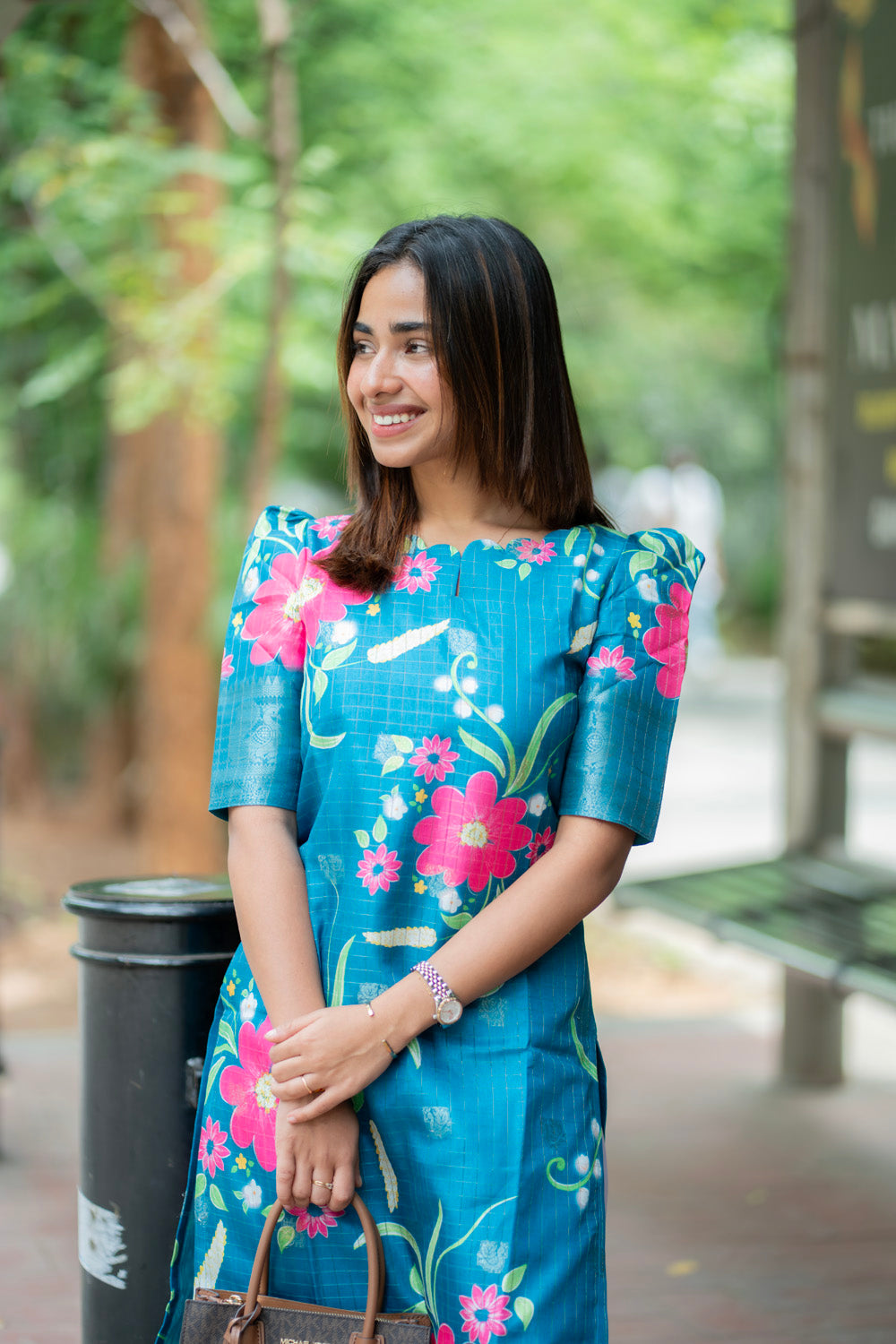AA276 Peacock Blue Checks With Pink floral Mangalgiri Silk Kurti with Jacquard Border