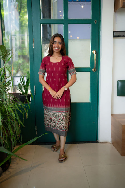 AA249 Maroon Cotton Kurti with Kalmkari Border
