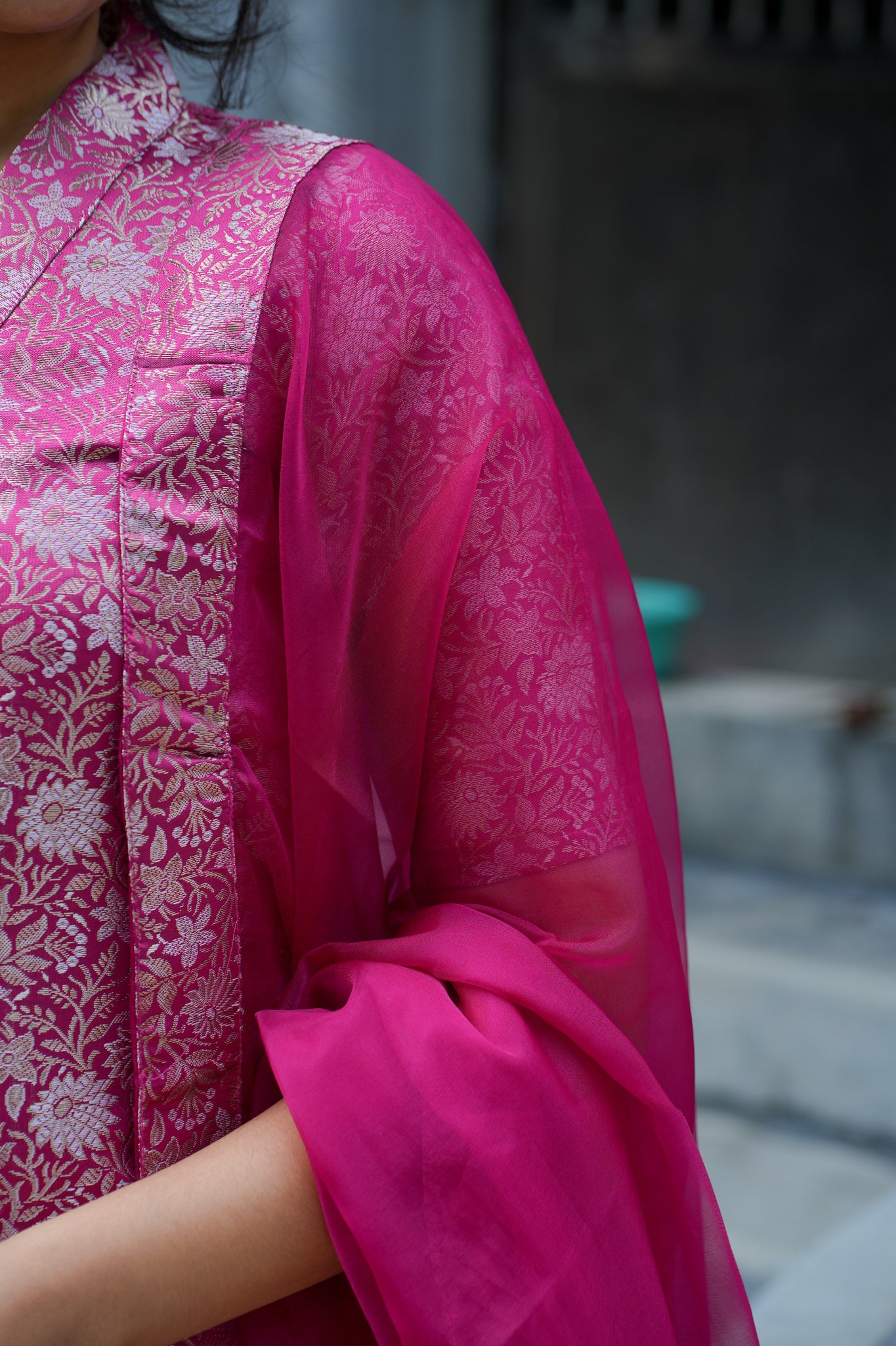 AA125 Rani Pink Brocade Silk(3 PC set )with Organza Dupatta