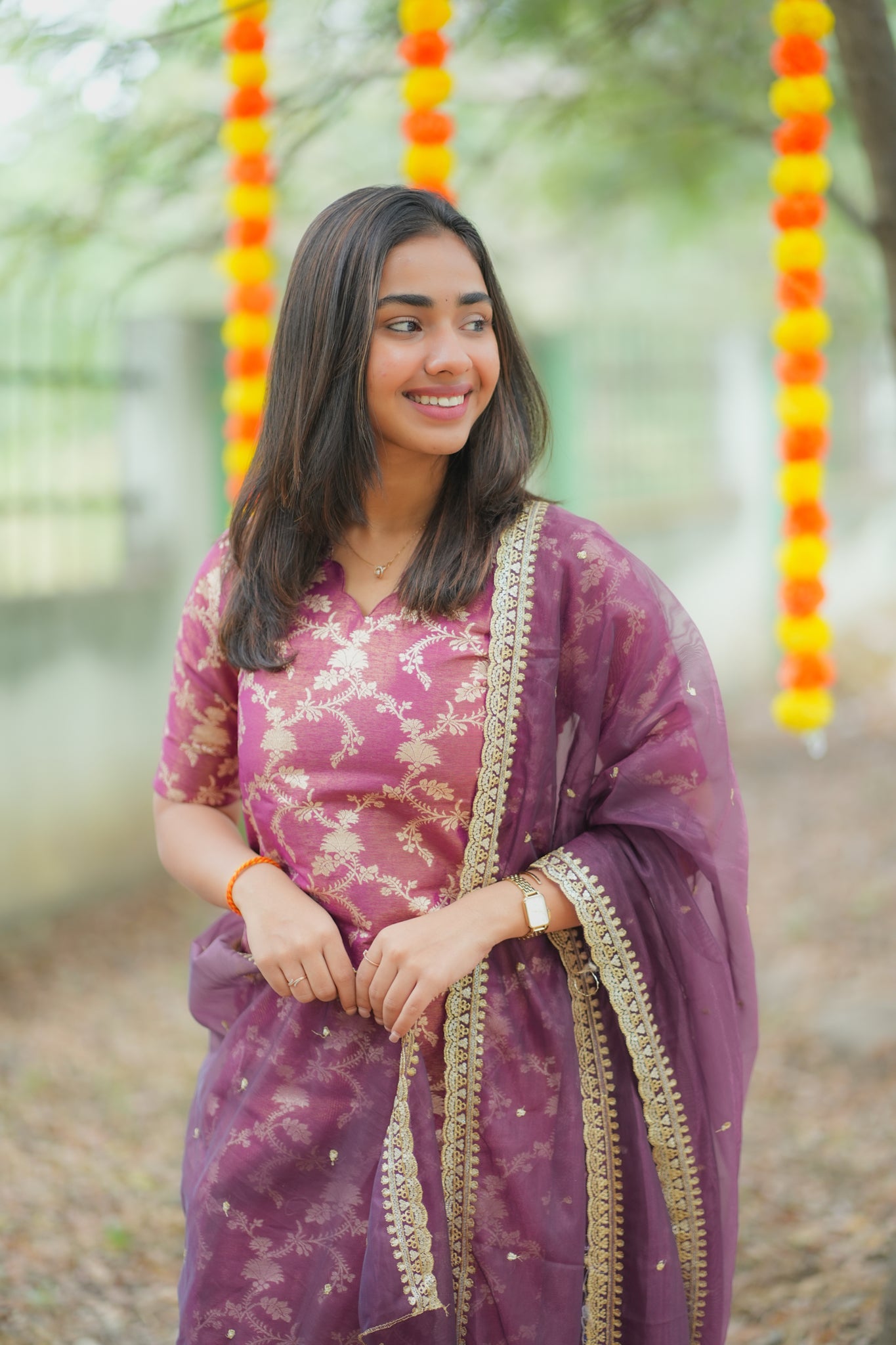 AA162  Wine with Golden Floral Zari Weaving Tissue Silk Kurti with Organza Sequence Dupatta