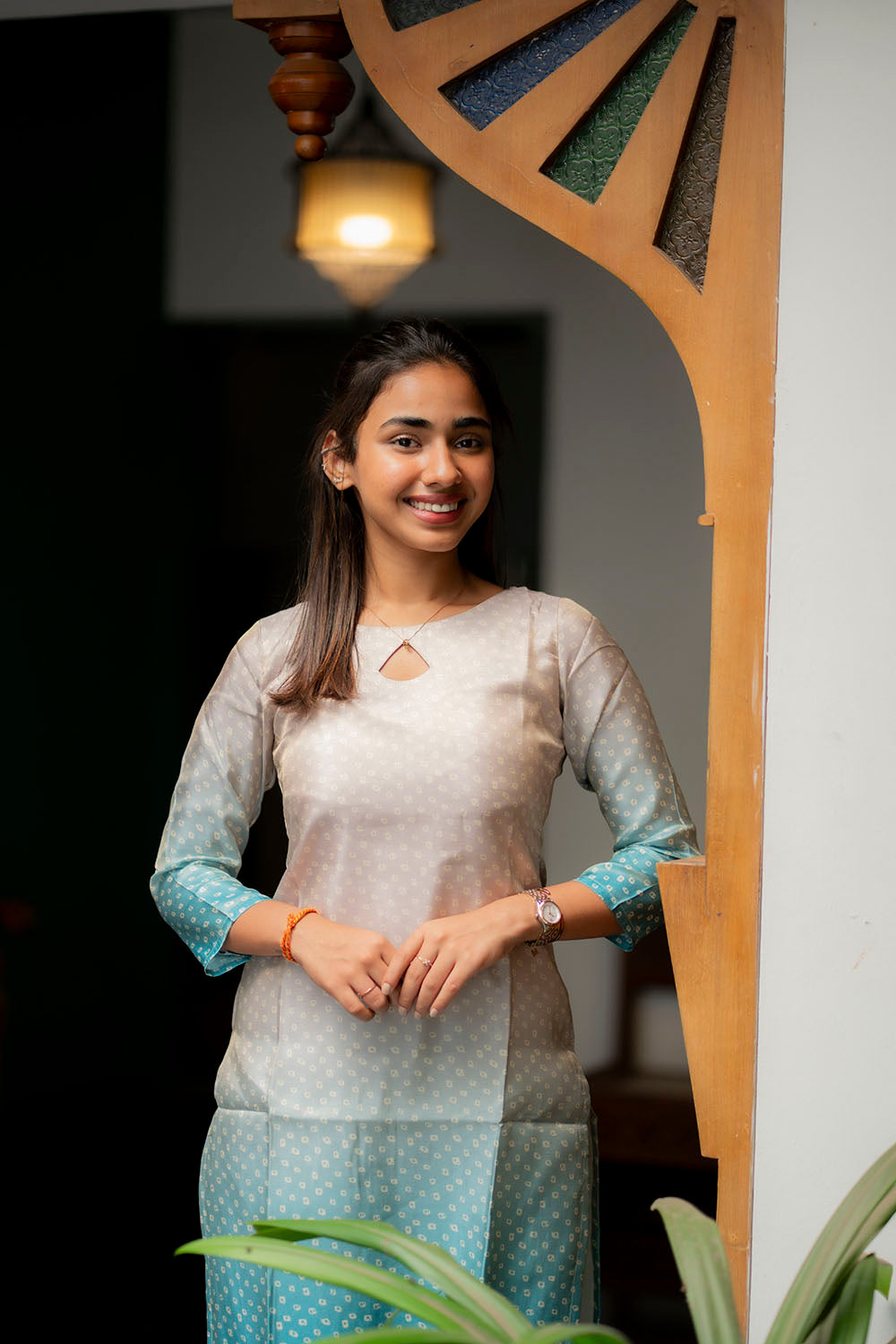AA206 Beige with Blue Combo Bandhani Silk Kurti