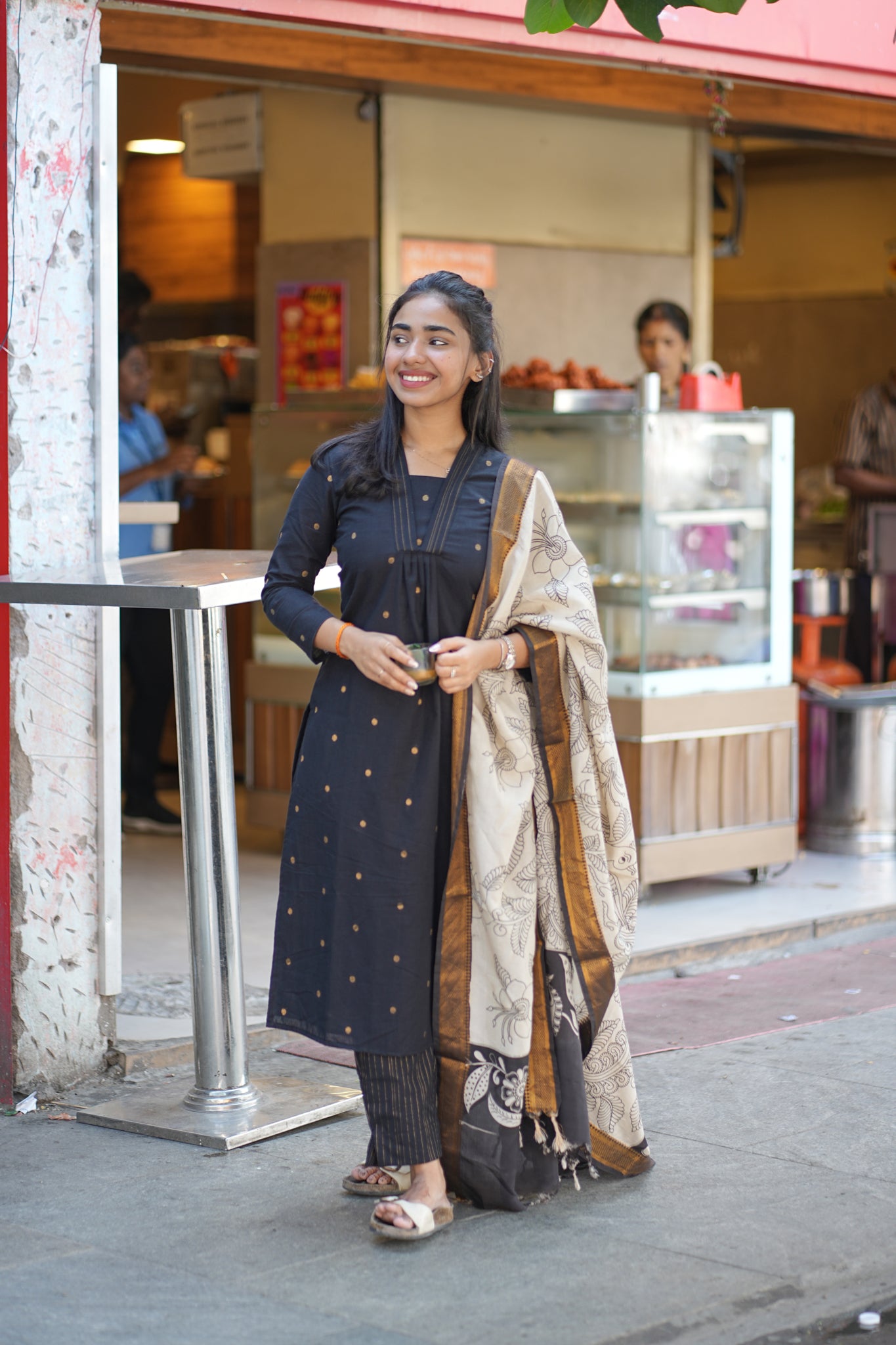 AA134 Stunning Black Raw Silk Kurti with Pant & Kalamkari Dupatta (3 PC Set )
