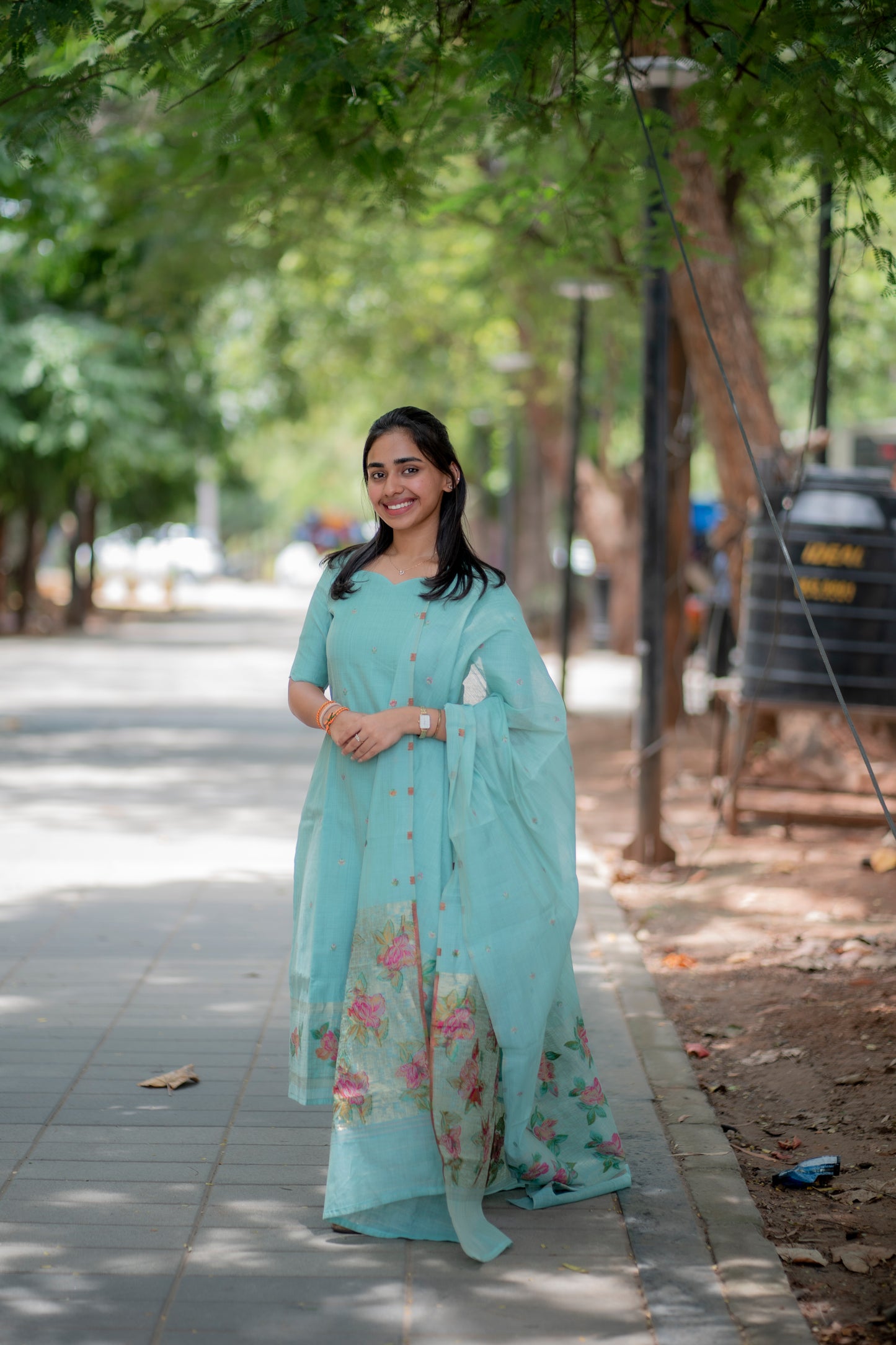 AA081 Blue Floral Jamdani Silk Kurti with Dupatta